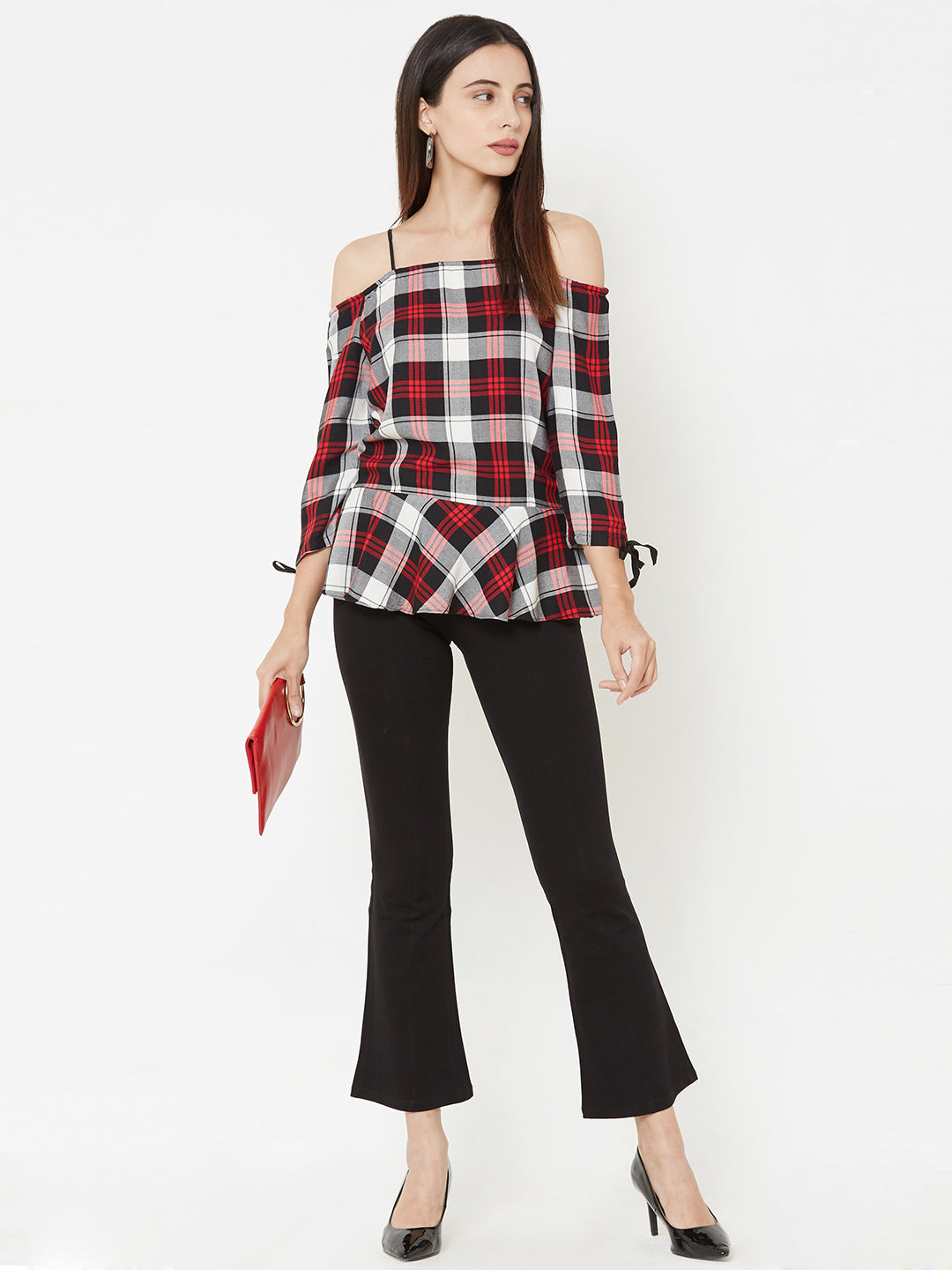 Women Checked Cold-Shoulder Peplum Top