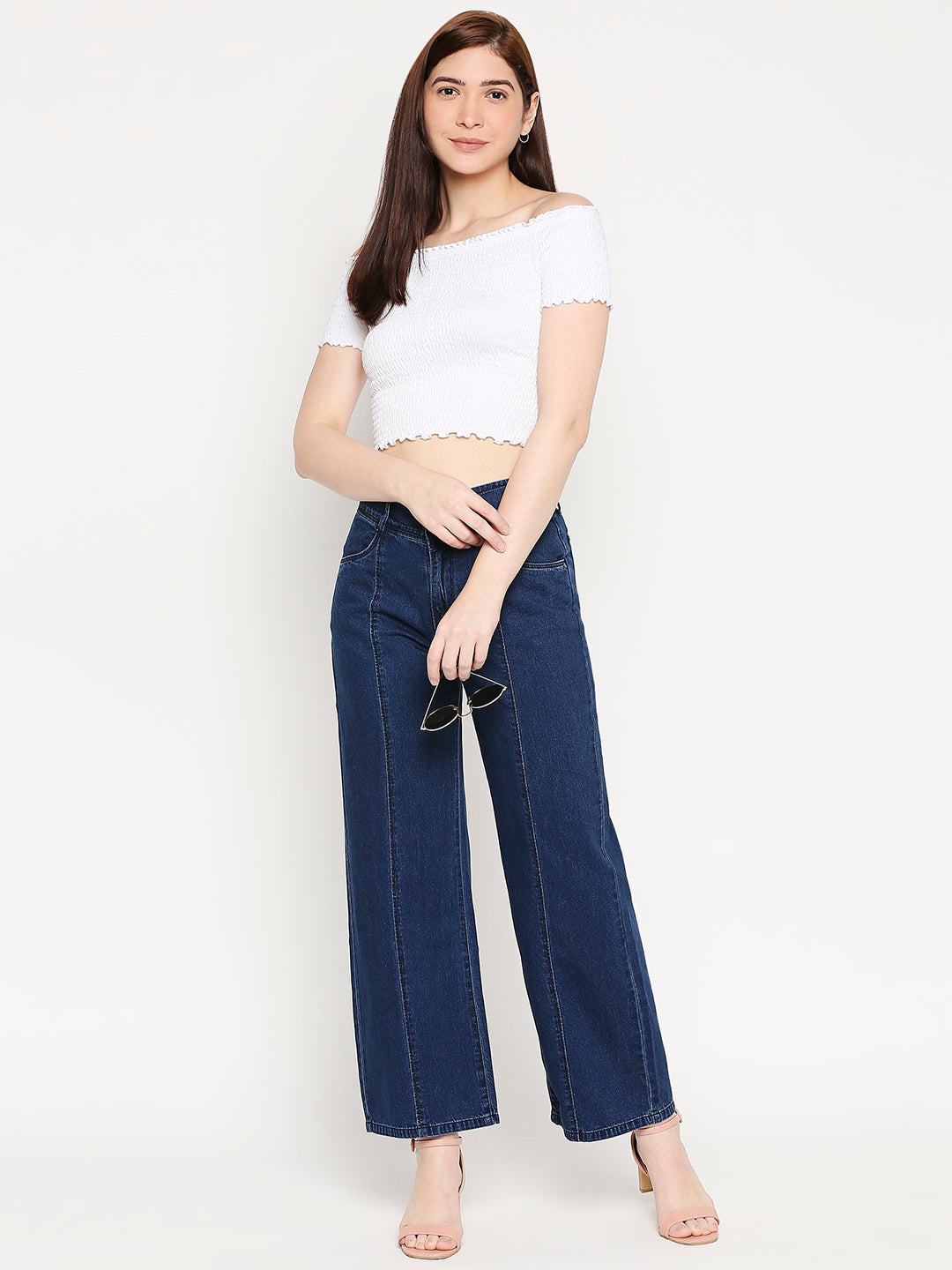 Women Dark Blue High-Rise Wide Leg Jeans