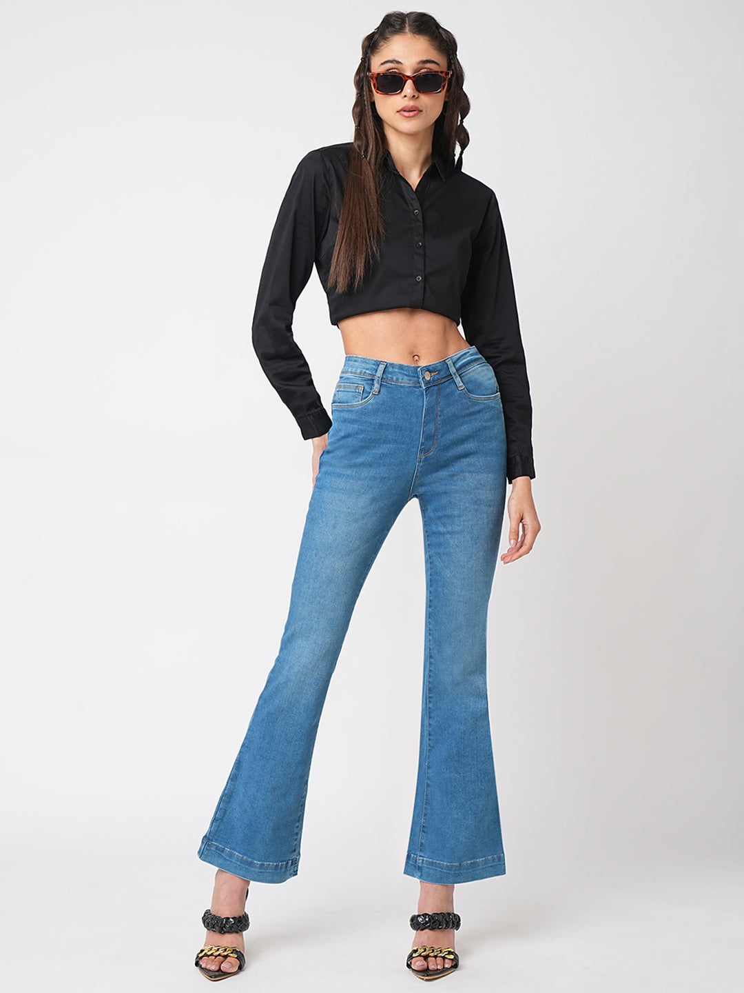 Women Blue High-Rise Mini Flare Jeans