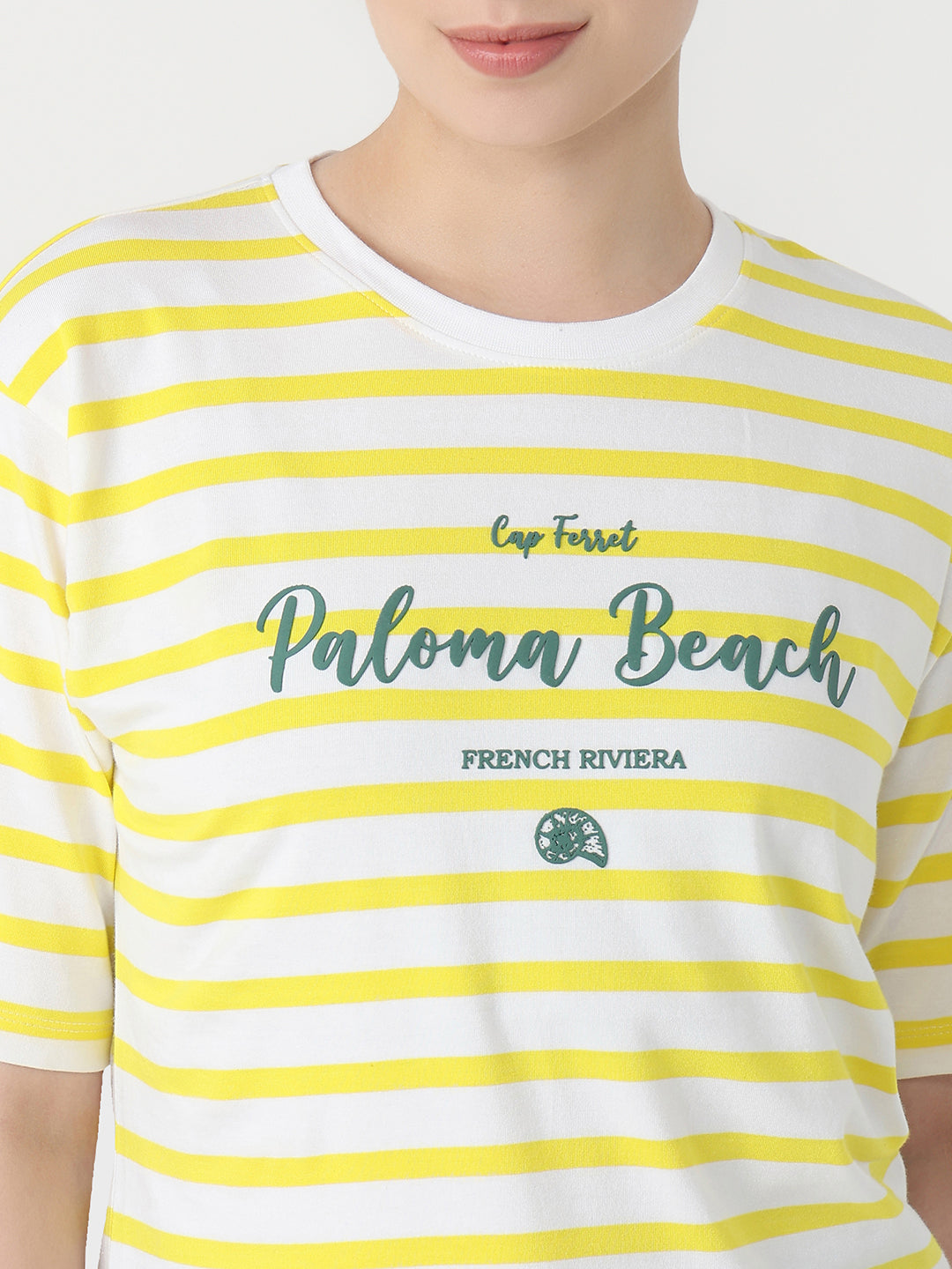 Women Yellow/White Slim Fit Graphic Crop T-Shirt