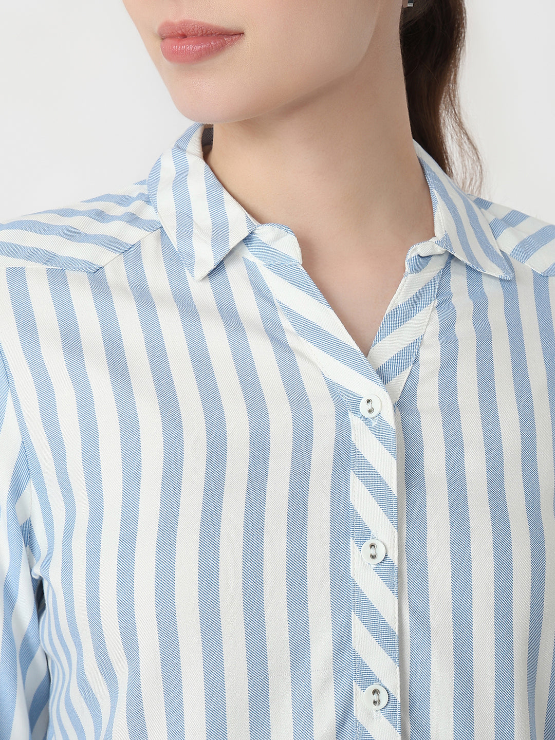 Women Sky/White Slim Fit Shirt