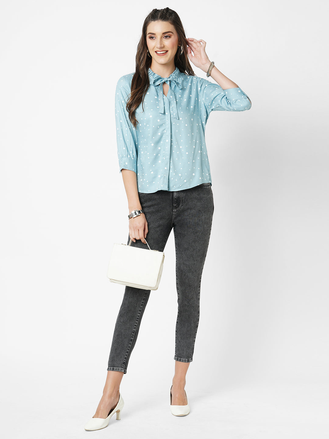 Women Mint Green Polka Dot Shirt Top