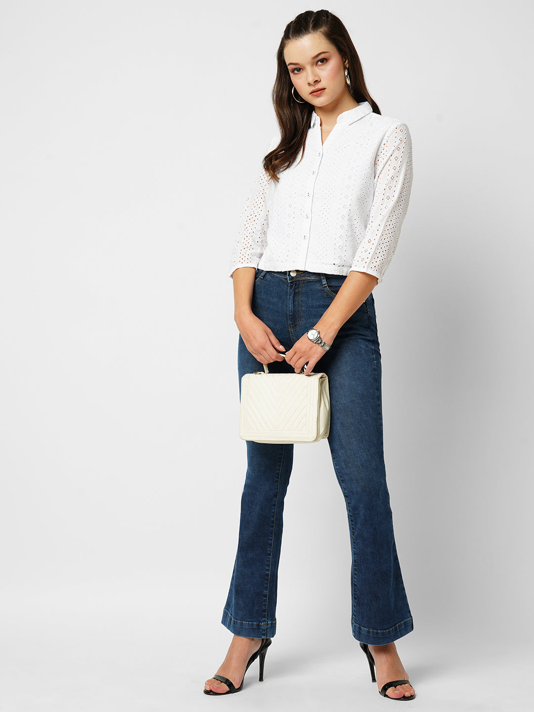 Women Dark Blue High-Rise Mini Flare Jeans