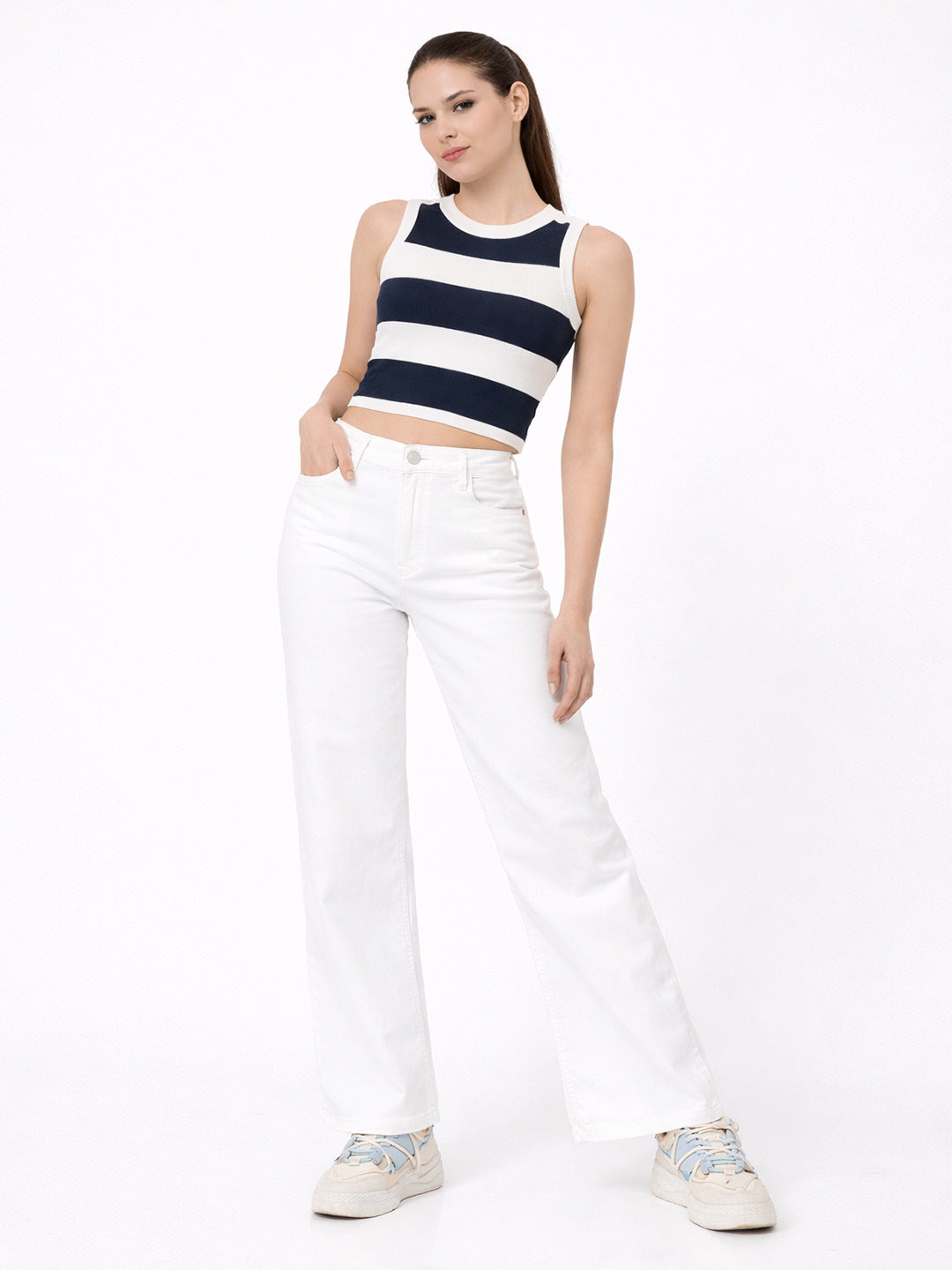 Women White/Airforce Slim Flat Knit
