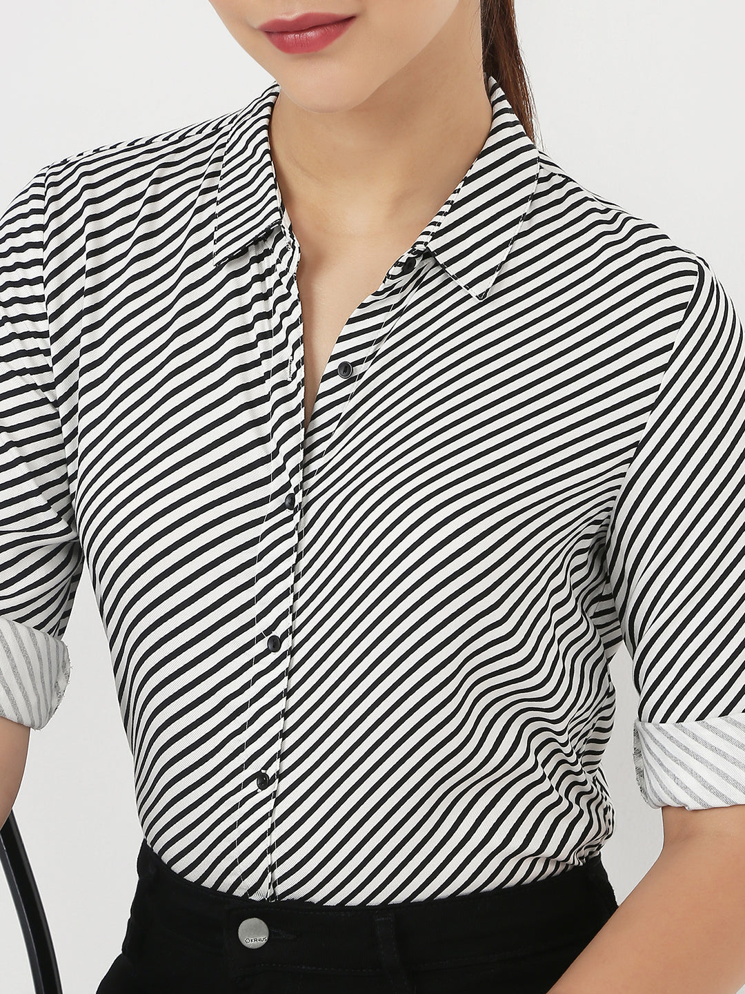 Women Black & White Slim Stripe Shirt