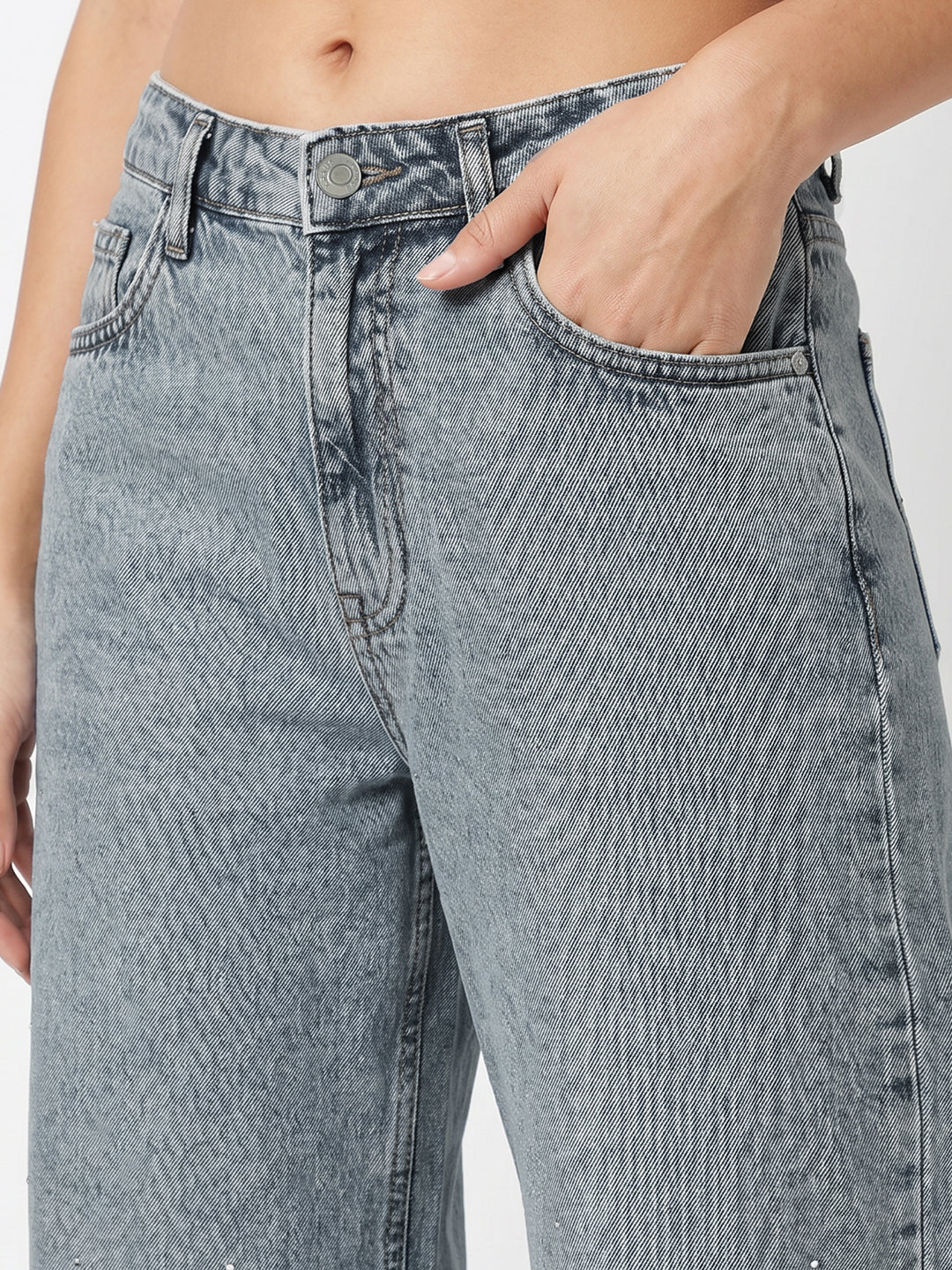 Women Light Blue High-Rise Rhinestone Wide Leg Jeans