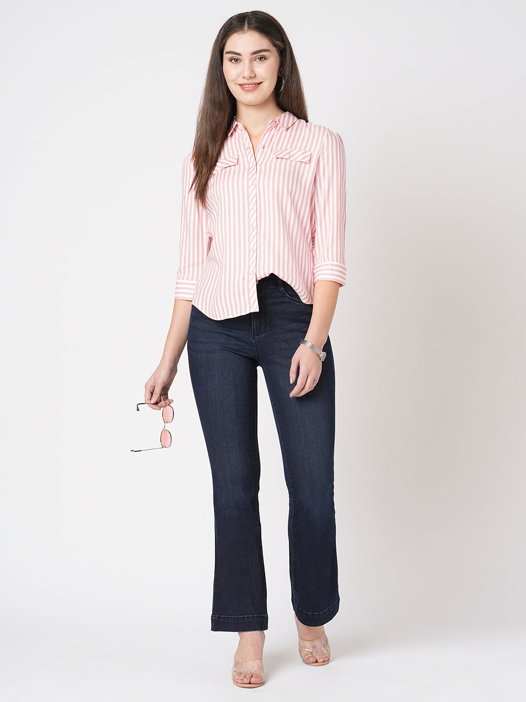 Women Blush Pink-White Slim Shirt
