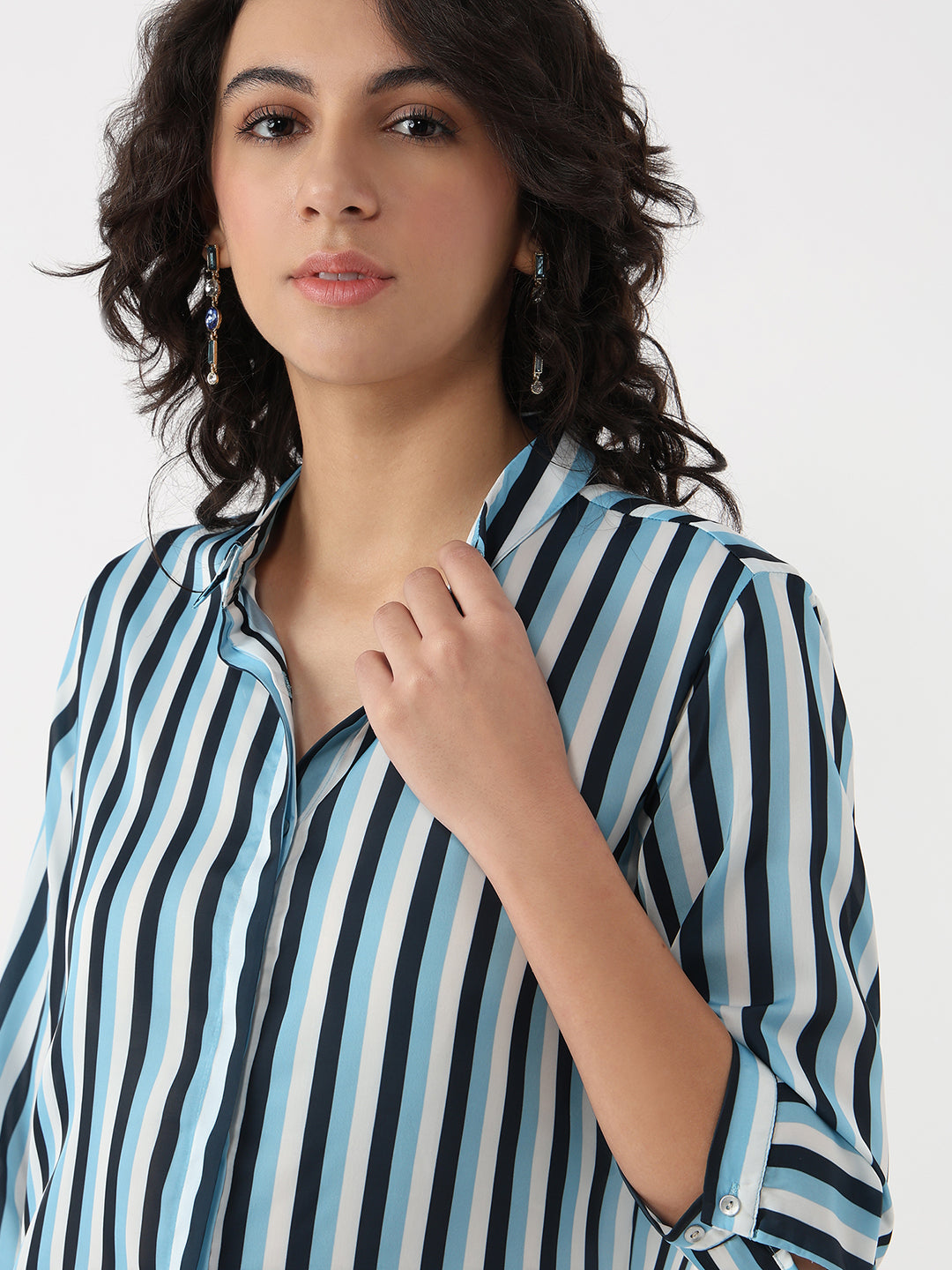 Women Sky/Navy Slim Stripe Shirt