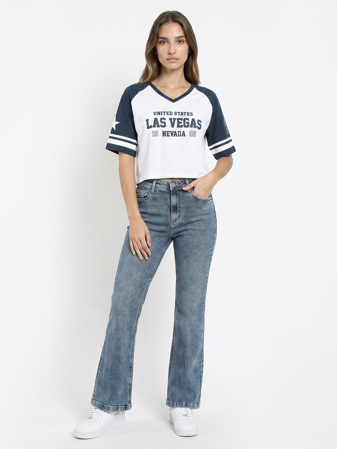 Women White/Airforce Graphic Crop Tees