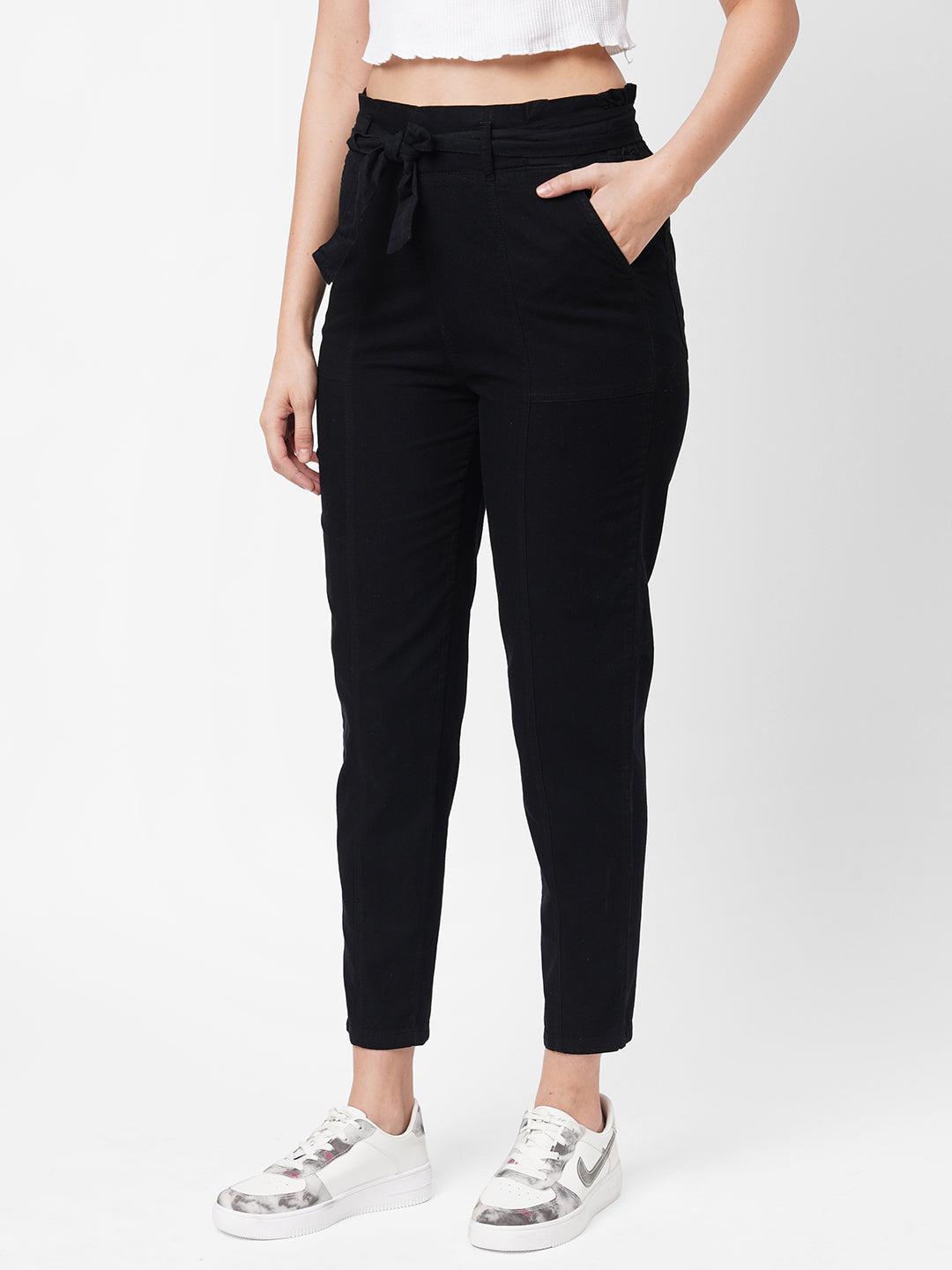 Women High-Rise Relaxed Fit Paper Bag Pants