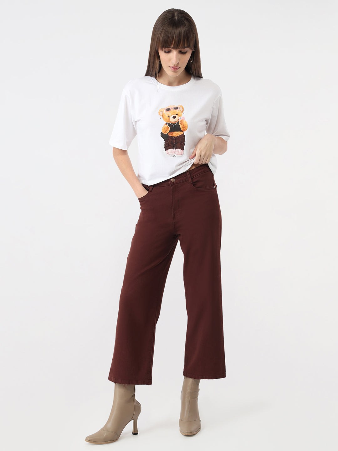 Women White Graphic Crop Slim T-Shirt