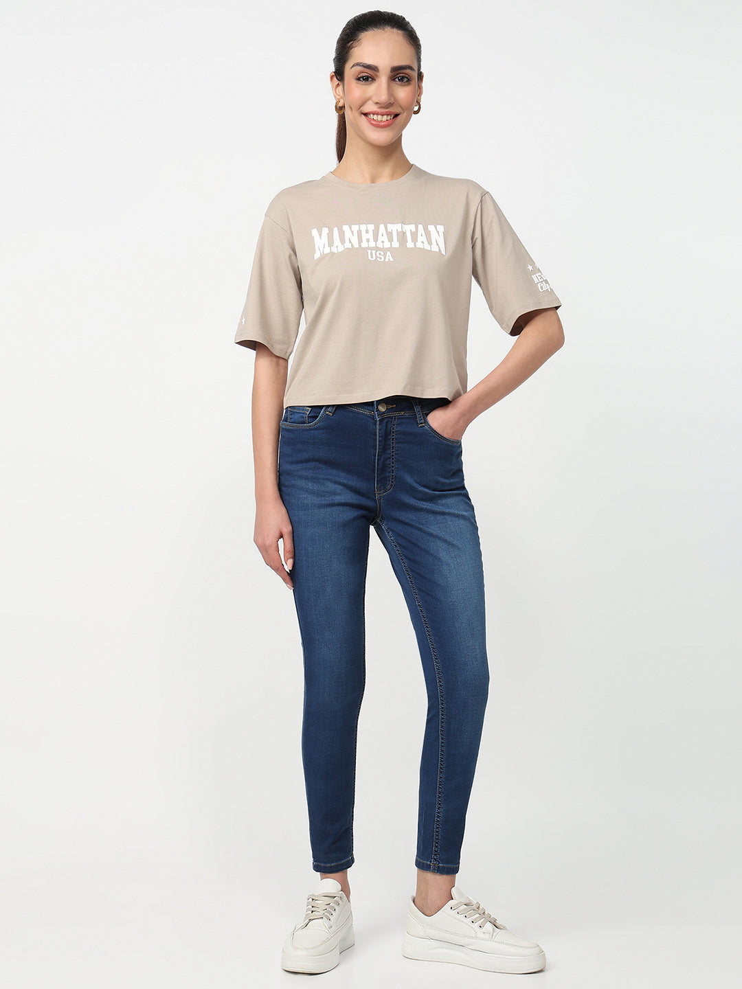 Women Light Oyester Graphic Crop Tees