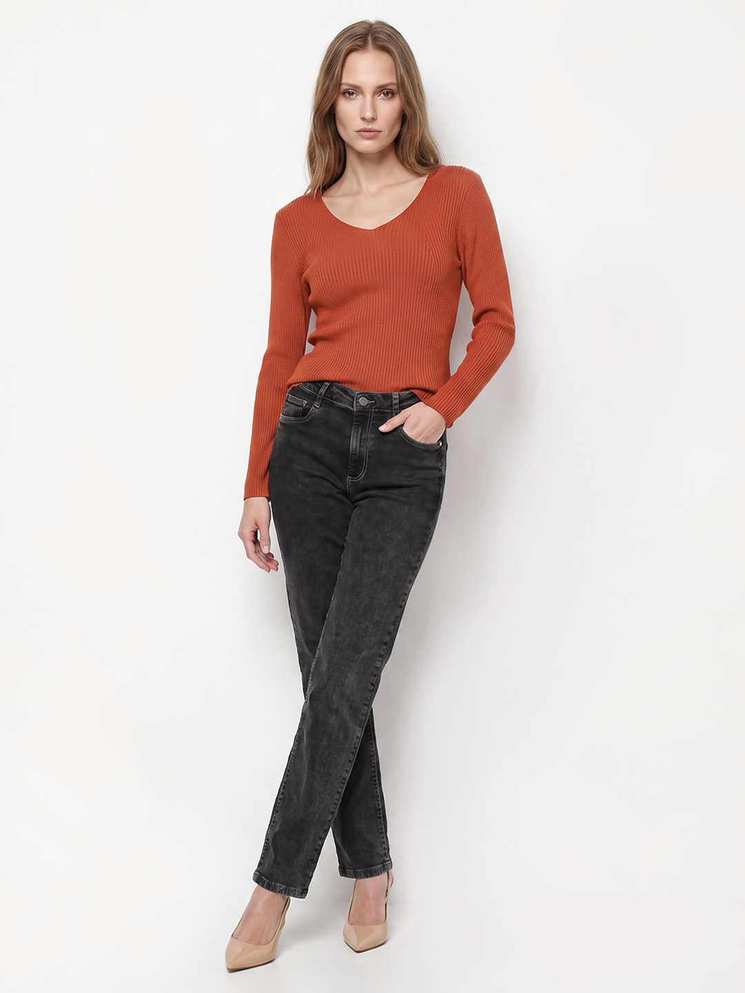 Women Burnt Orange Flat Knit