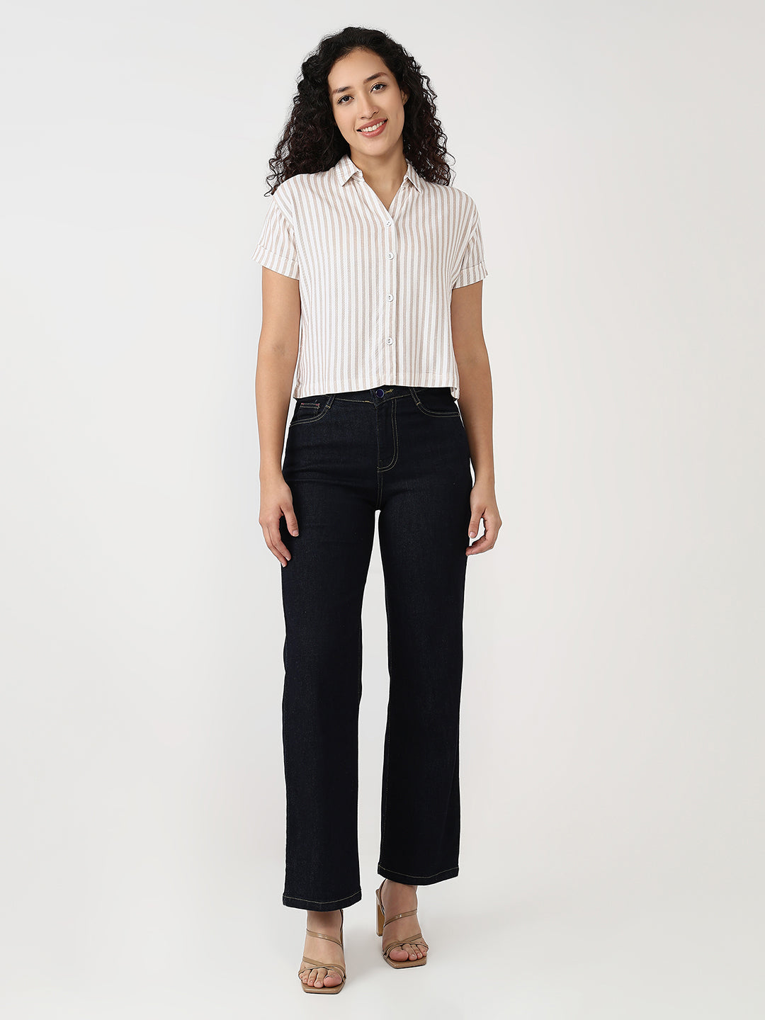 Women Beige/White Slim Crop Shirt