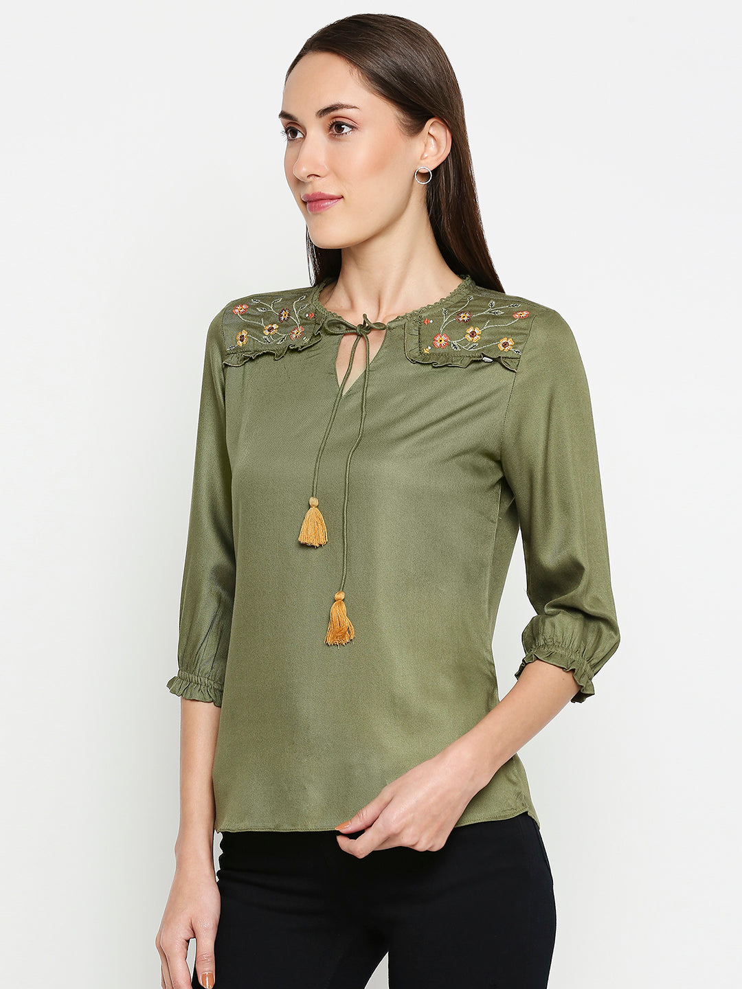 Women Embroidery Accent Round-Neck Top