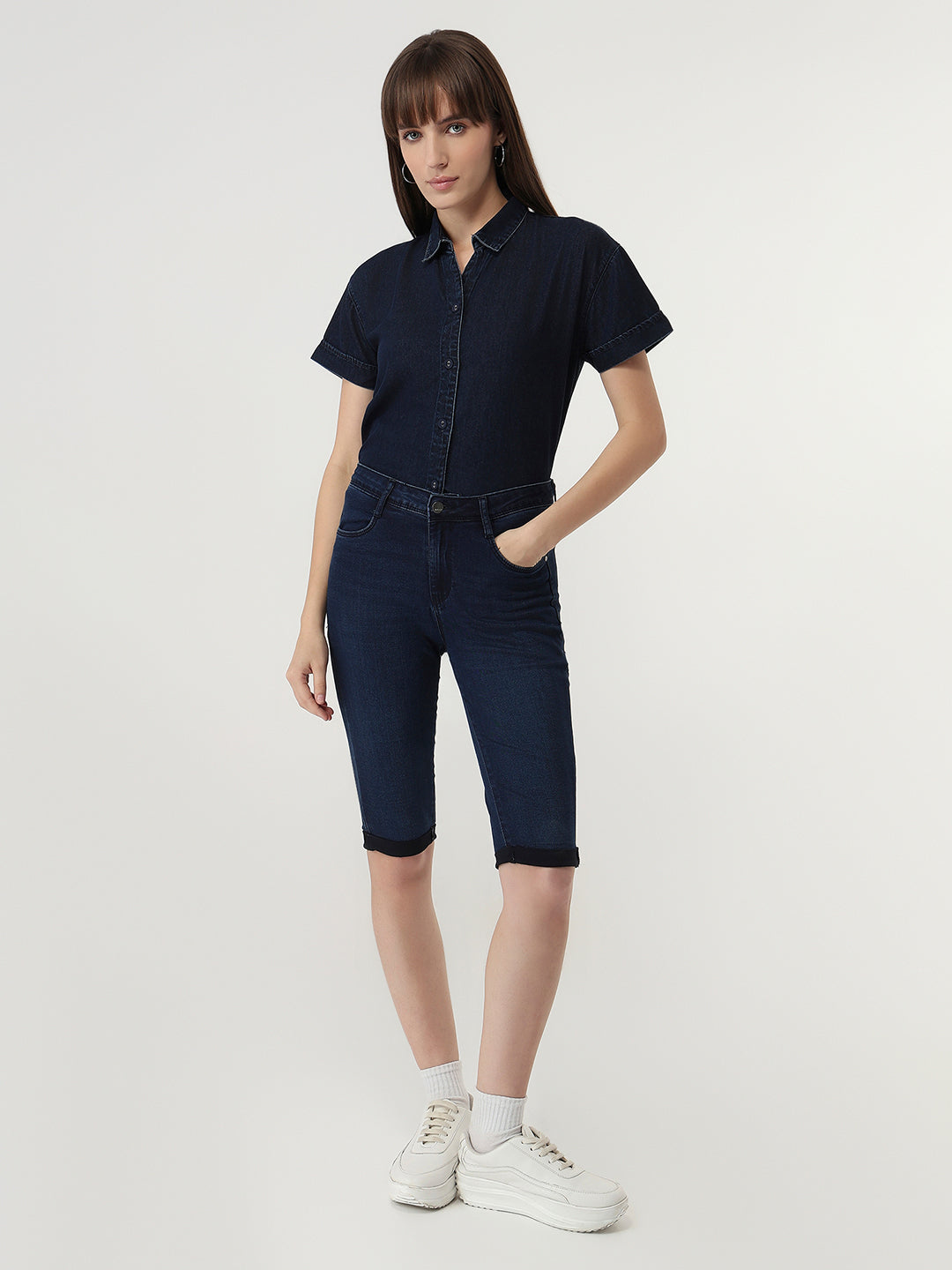 Women Dark Blue Denim Crop Shirt