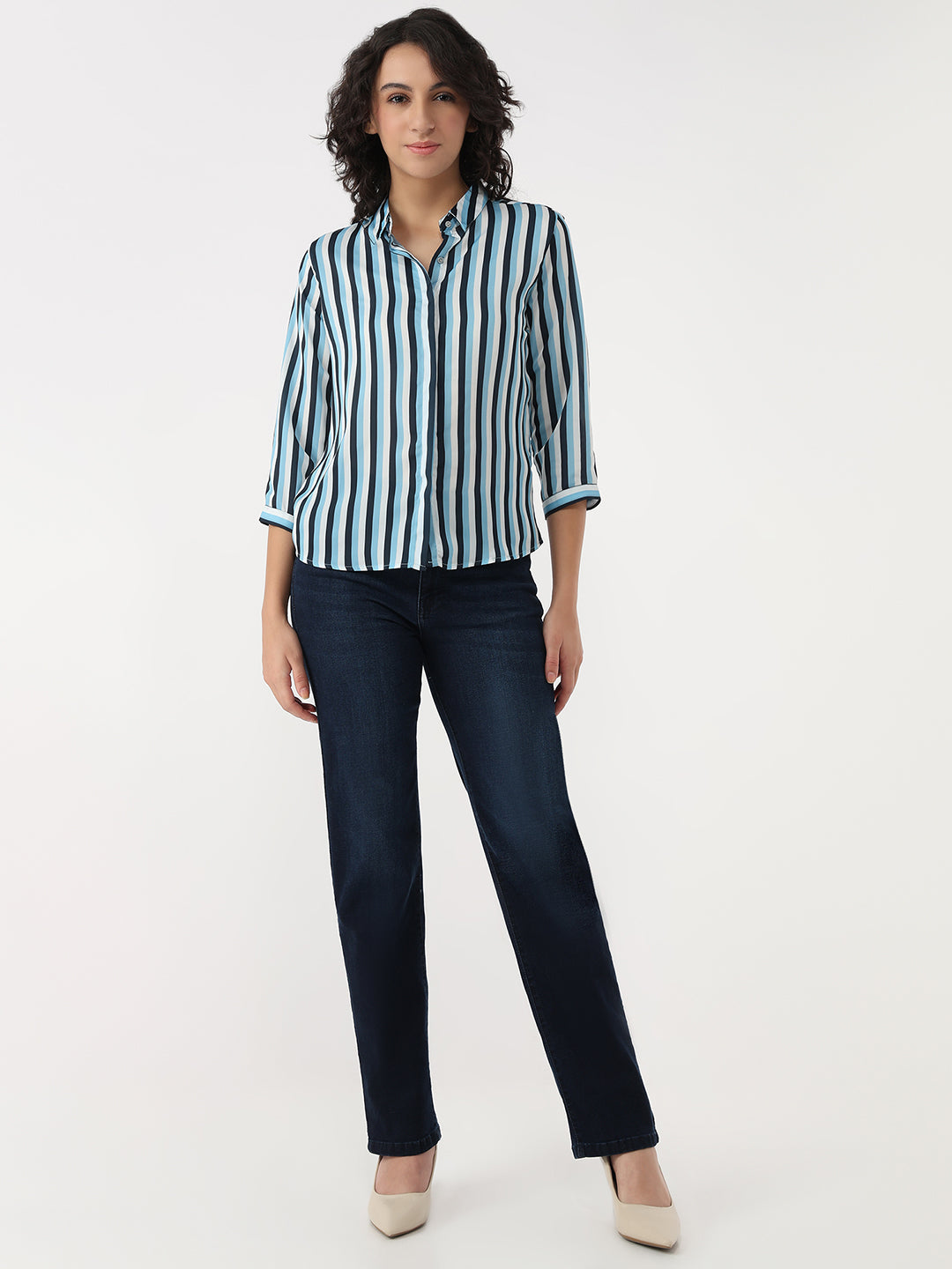 Women Sky/Navy Slim Stripe Shirt