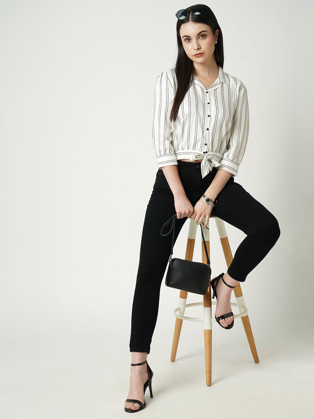 Women Black & White Slim Crop Shirt