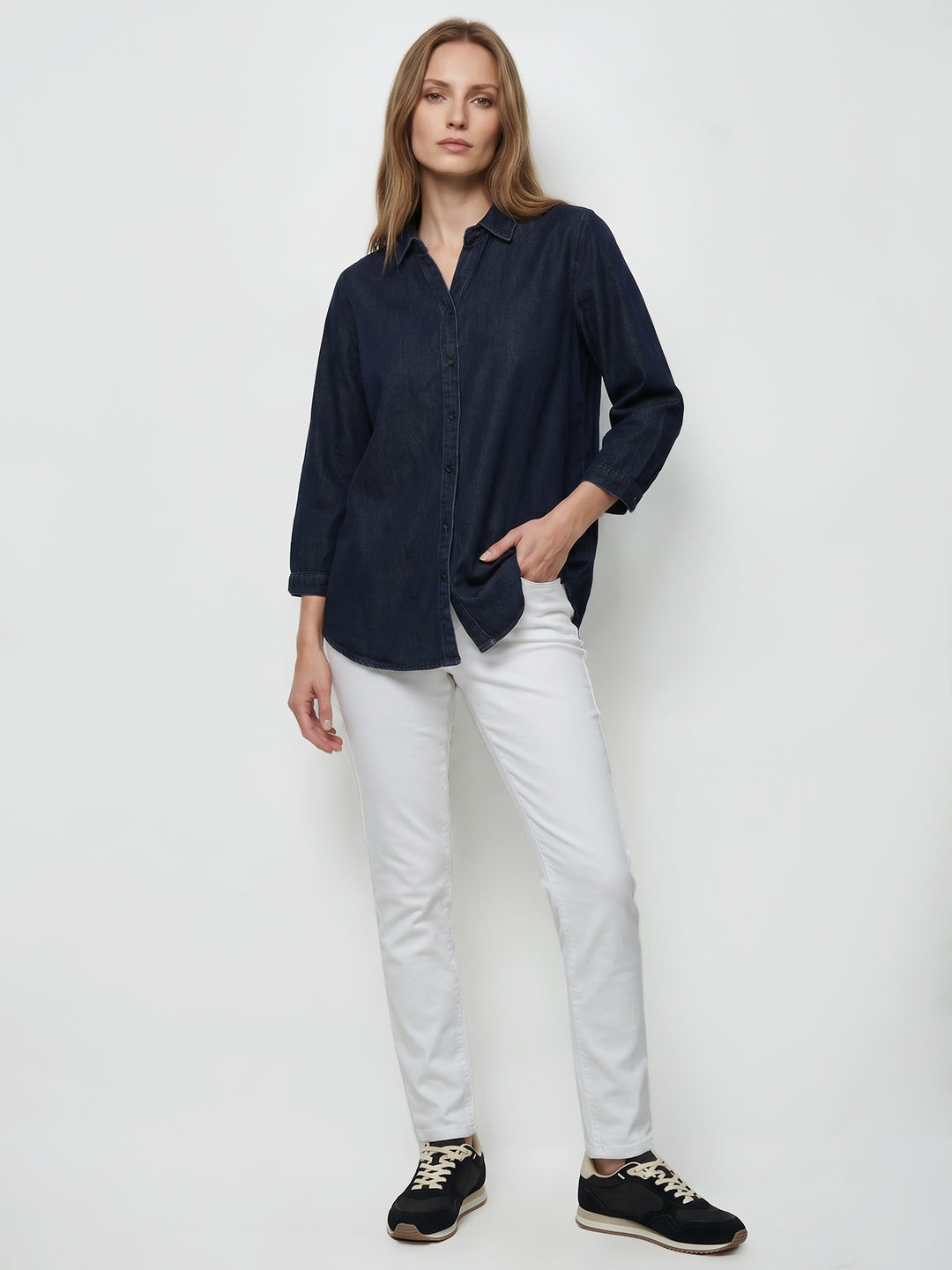 Women Dark Blue Denim Shirt