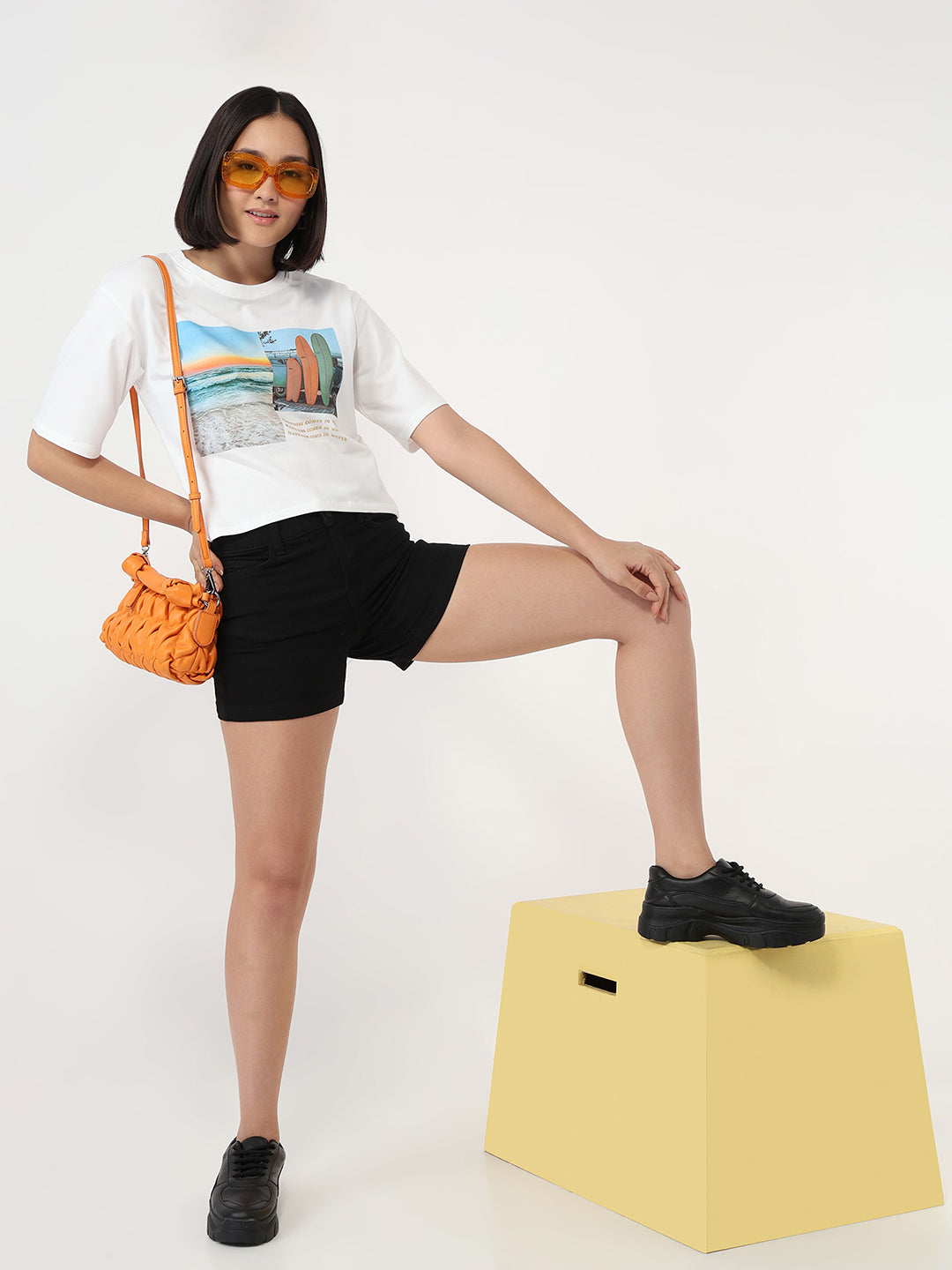Women White Slim Fit Crop T-Shirt
