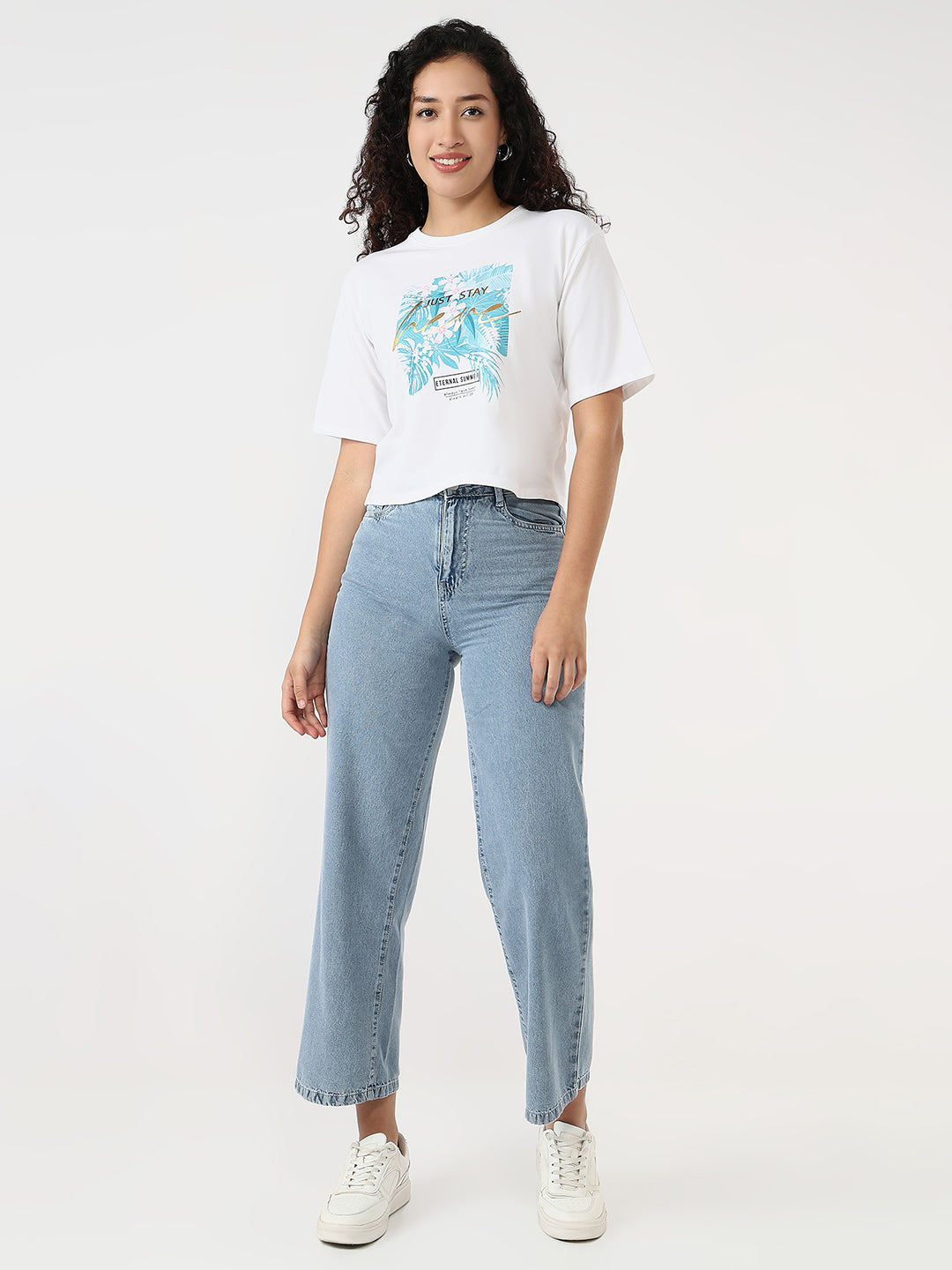 Women White Slim Graphic Crop T-Shirt