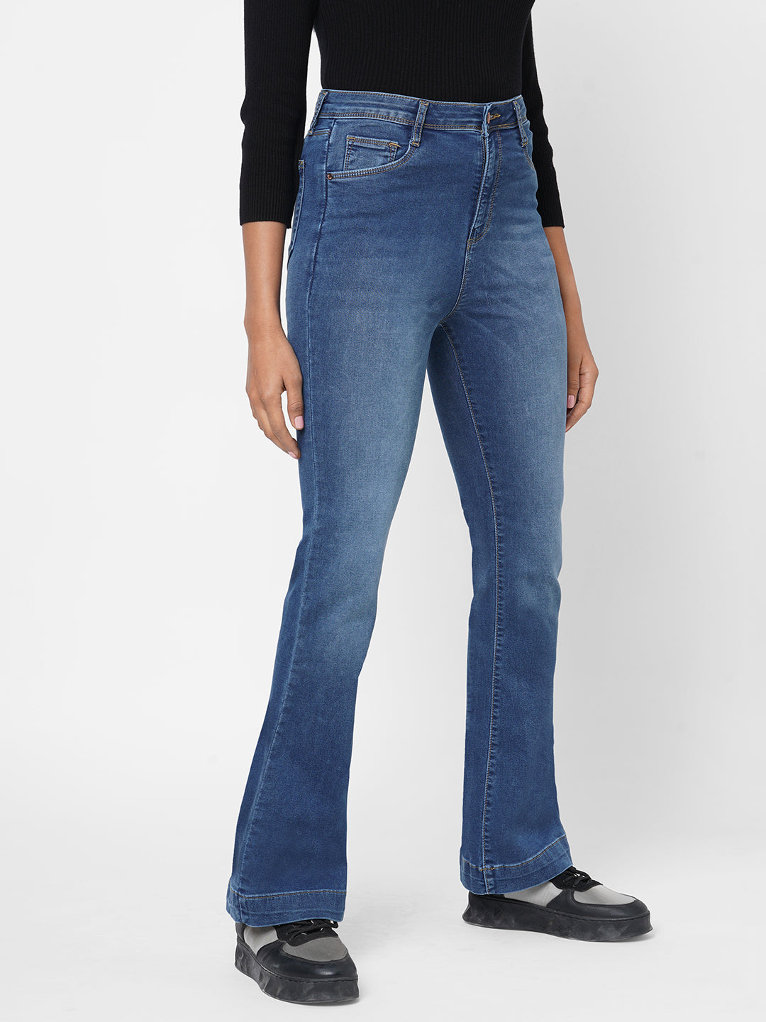 Women Blue High-Rise Mini Flare Jeans