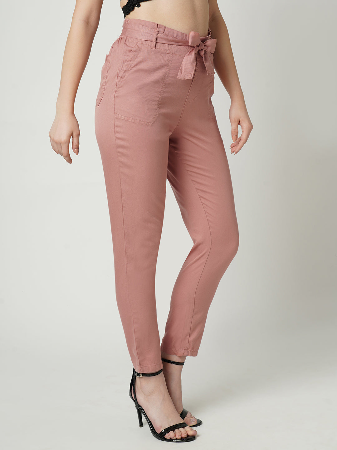 Women High-Rise Comfort Fit Paper Bag Pants