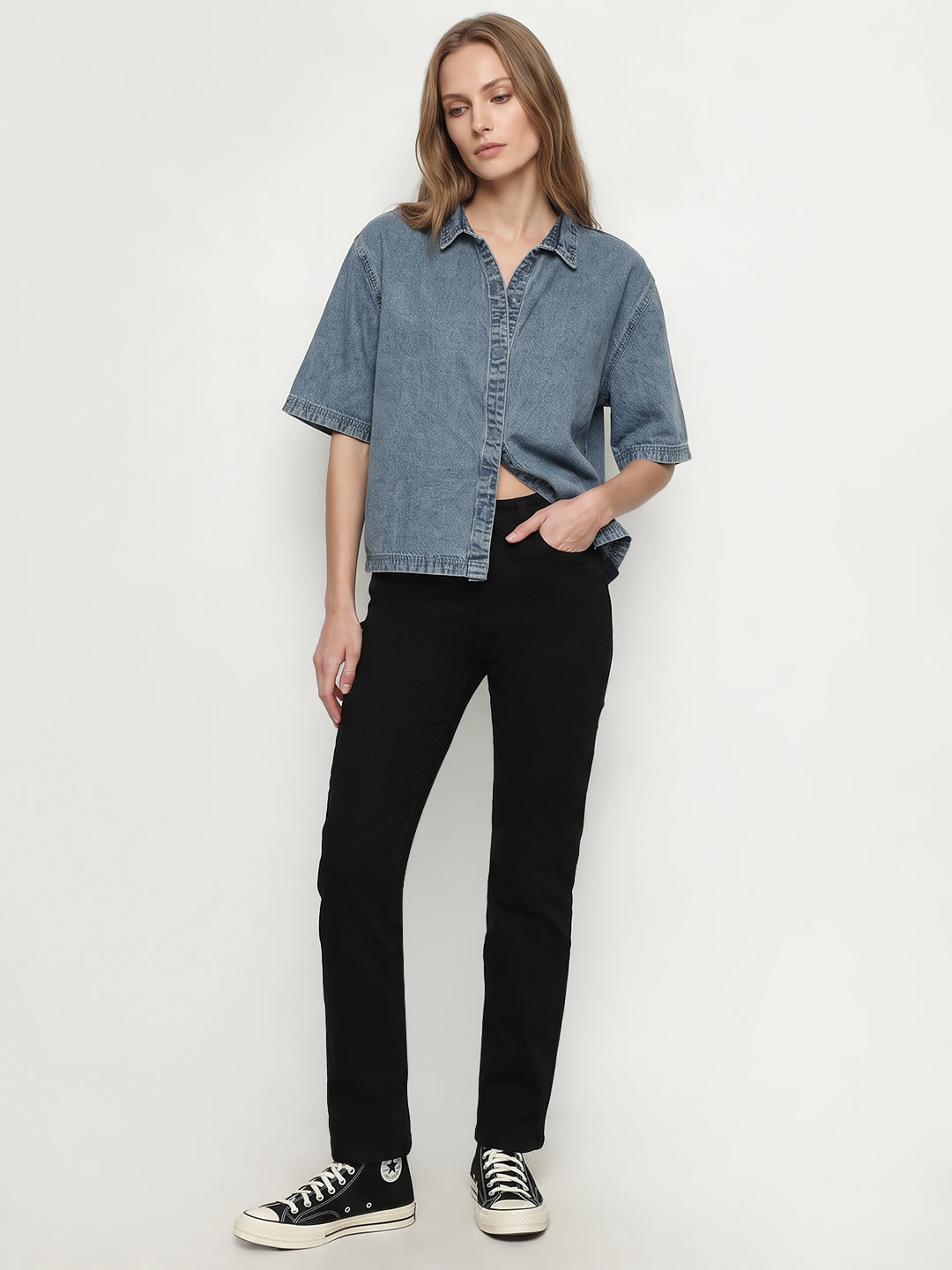 Women Light Blue Crop Denim Shirt