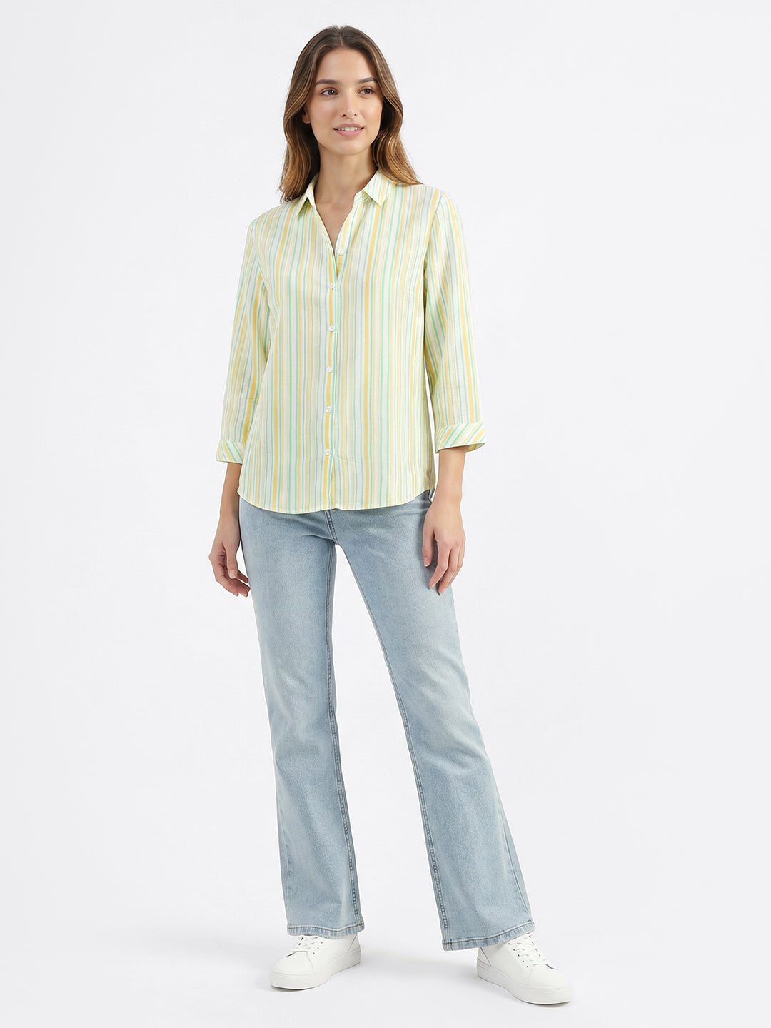 Women Yello Mint Striped Shirt