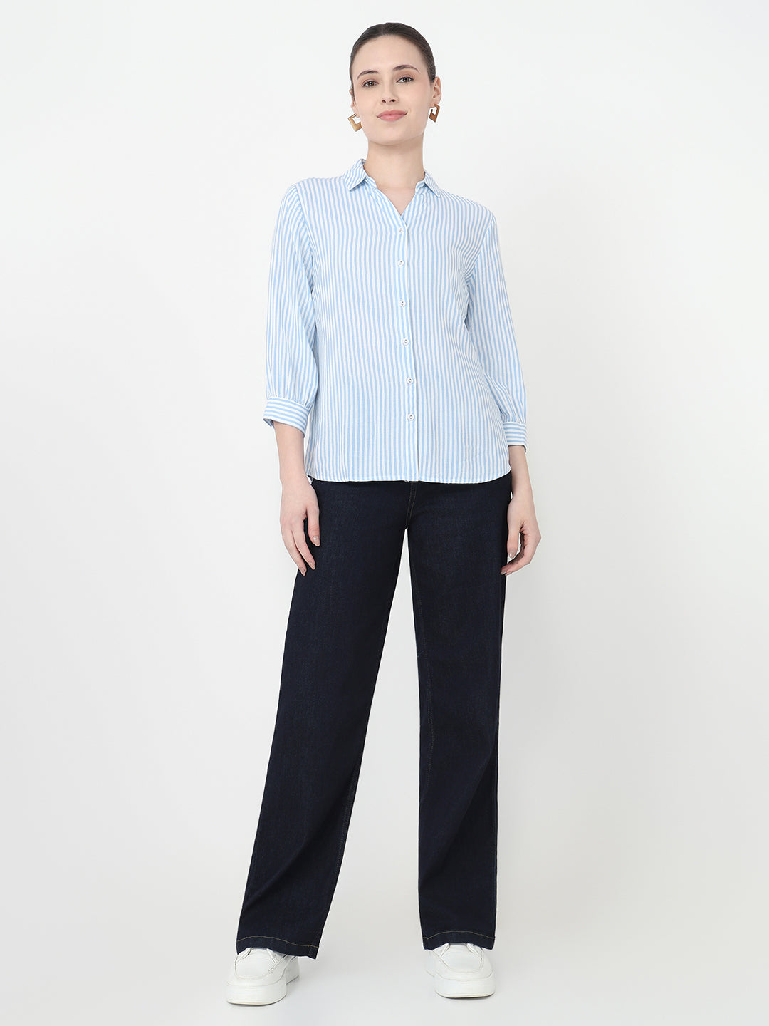 Women Sky/White Slim Fit Stripe Shirt