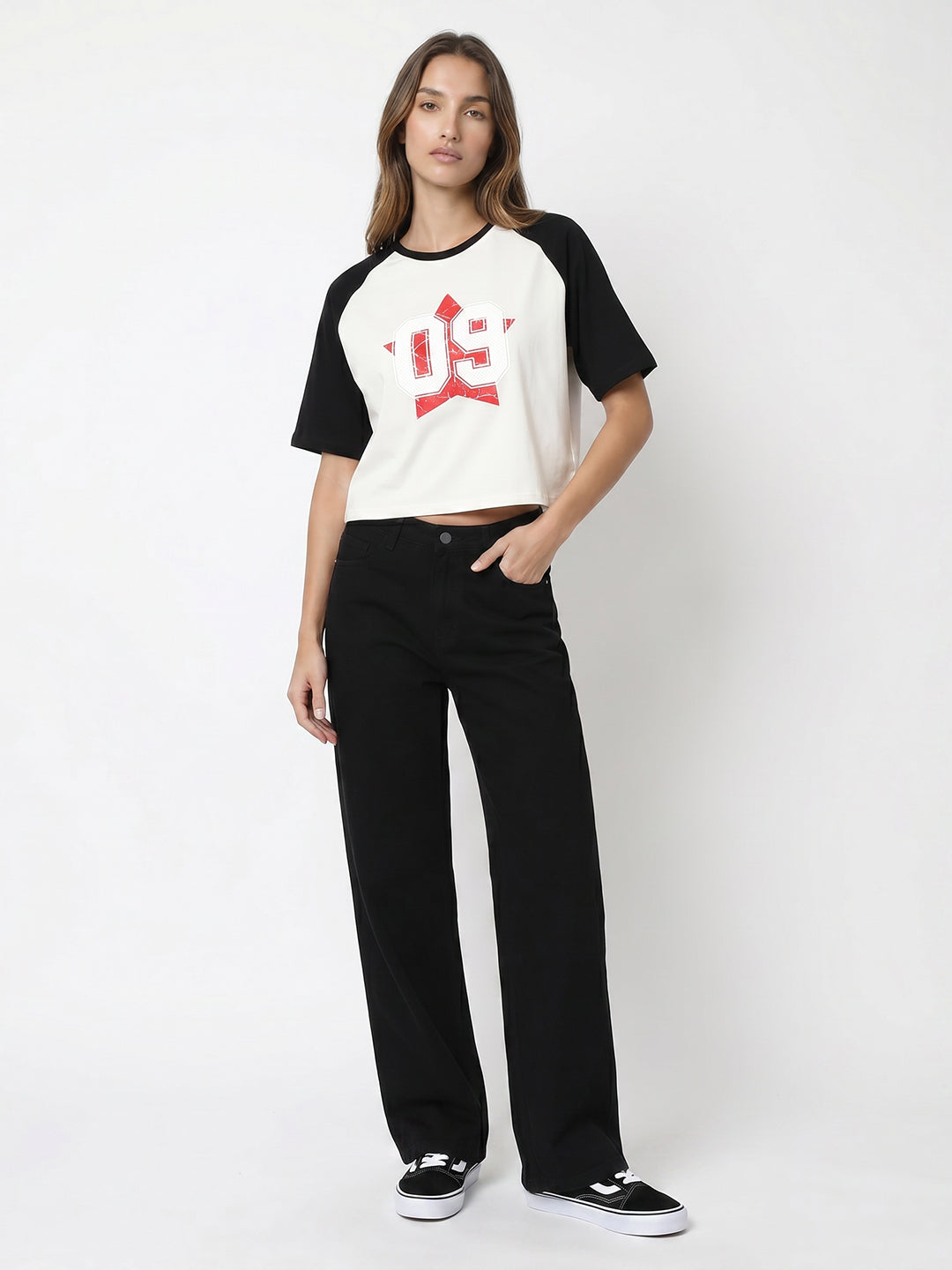 Women Ivory/Black Crop Graphic Tees