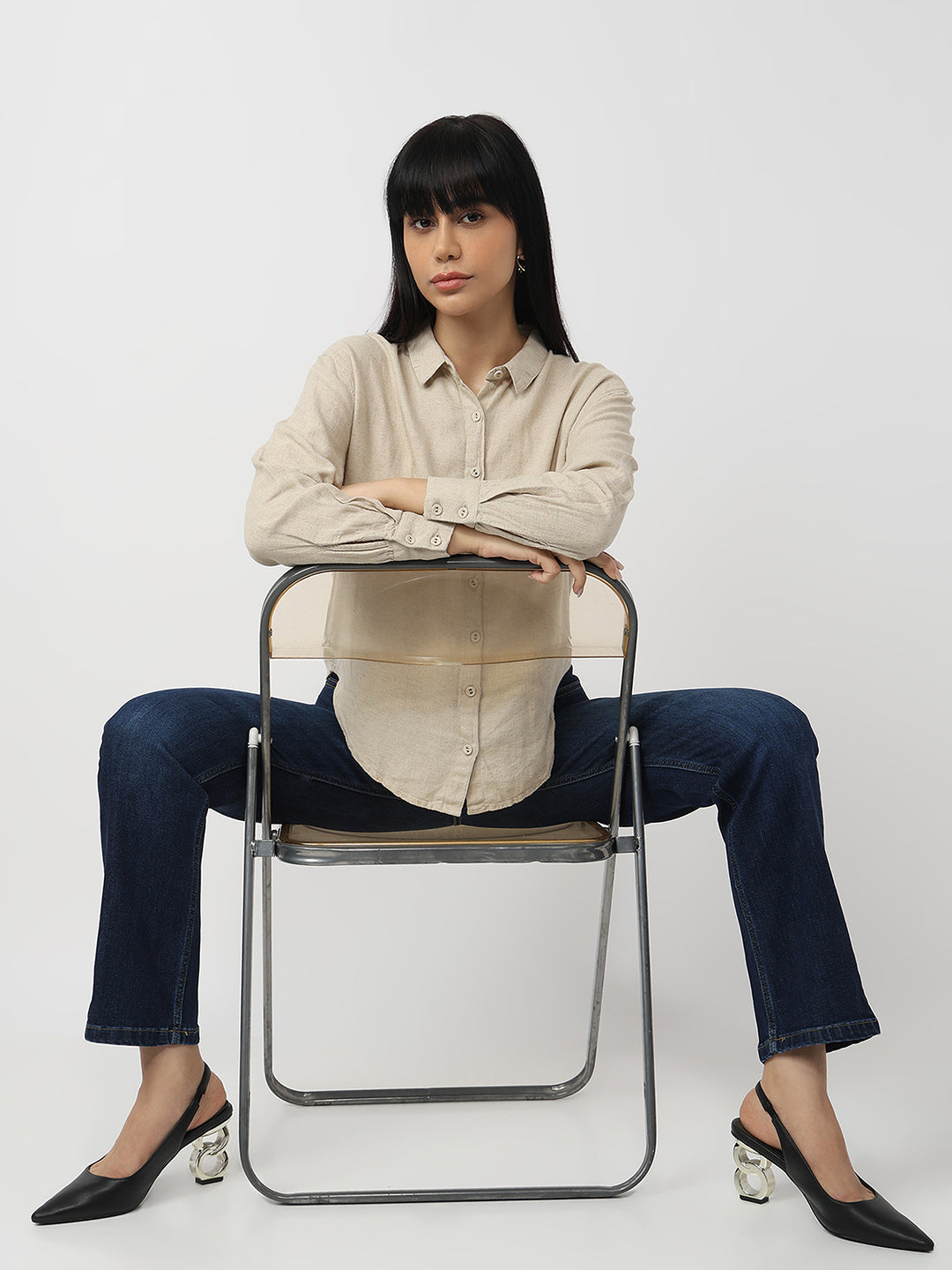 Women Dark Natural Slim Fit Oversized Shirt