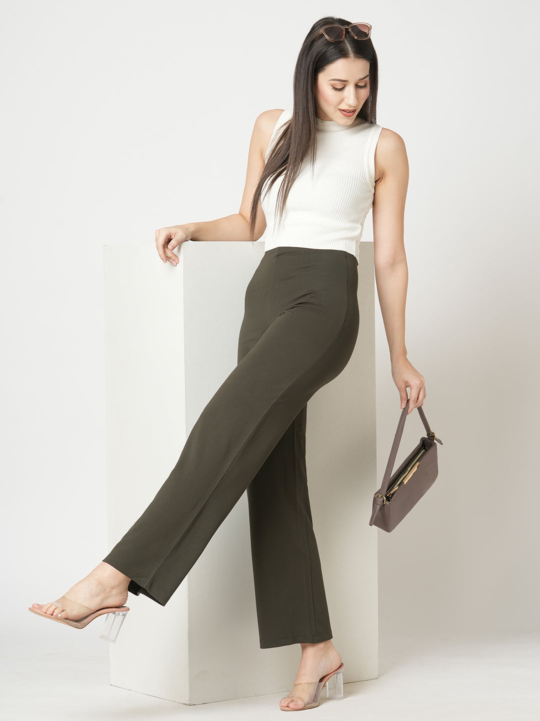 Women Olive Straight Wide Leg Treggings