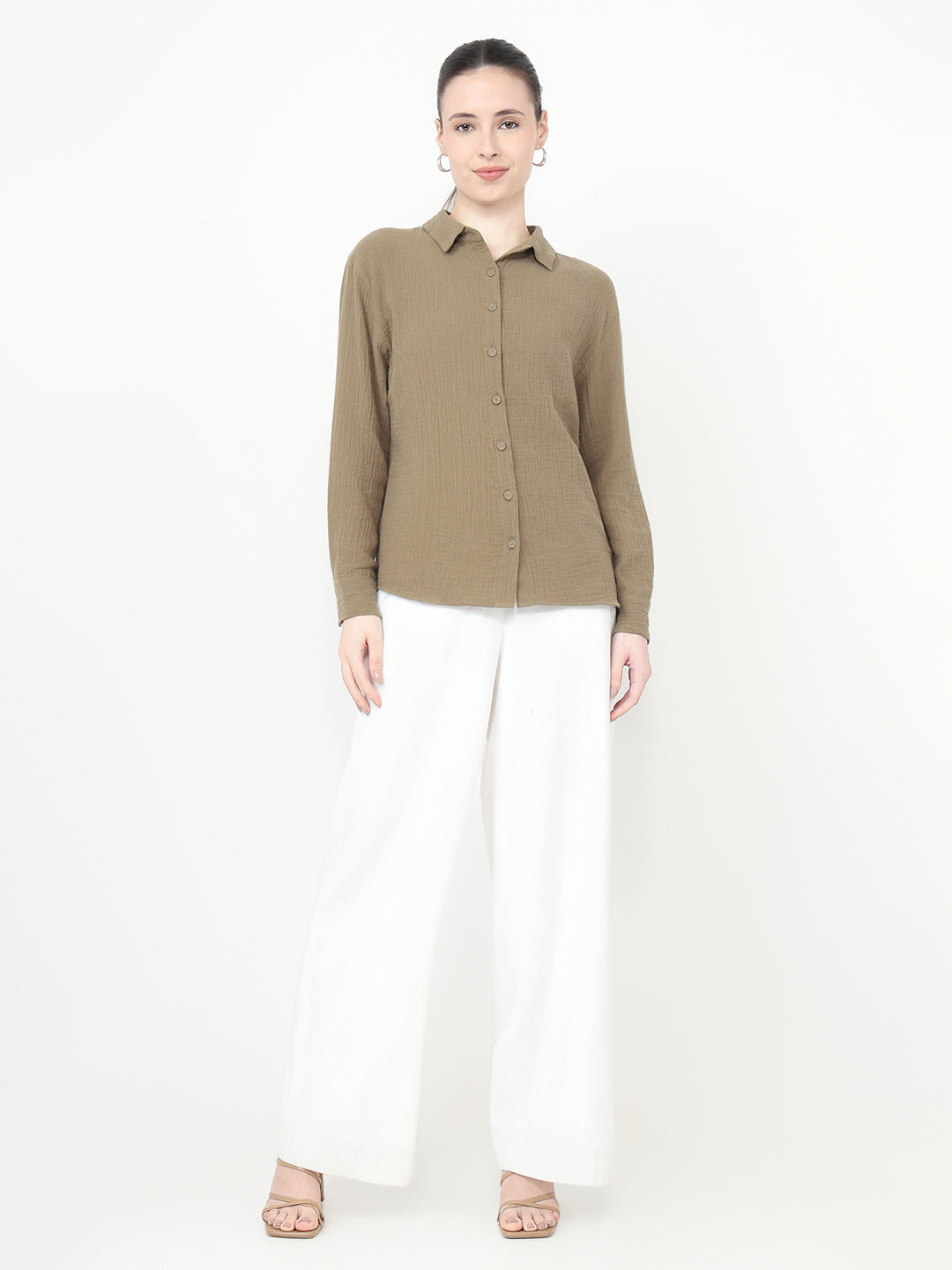Women Olive Slim Fit Oversized Shirt