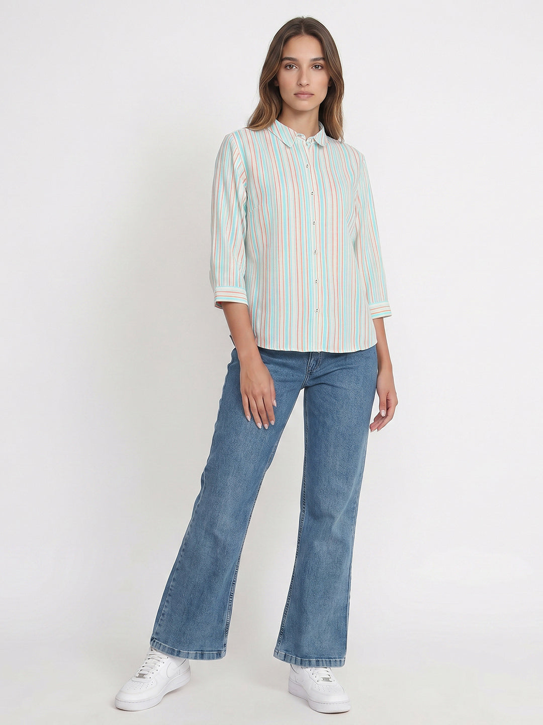 Women Rust/Aqua Stripe Shirt