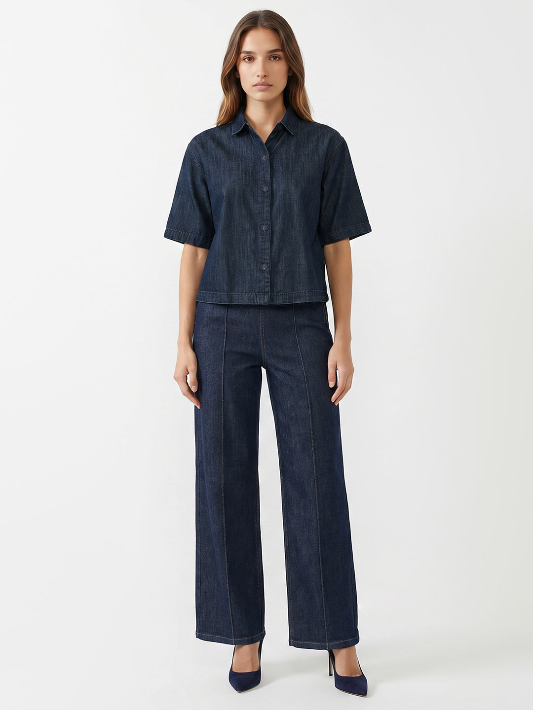 Women Dark Blue Denim Crop Shirt