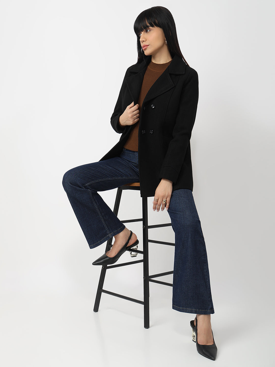 Women Black Slim Fit Coat