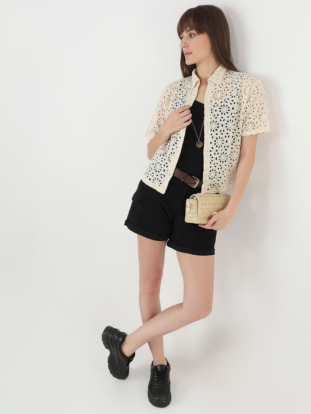 Women Ivory Slim Fit Crop Shirt