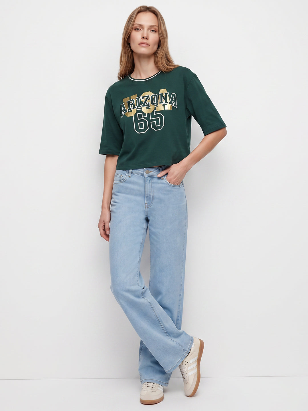 Women Bottle Green Graphic Crop Tees