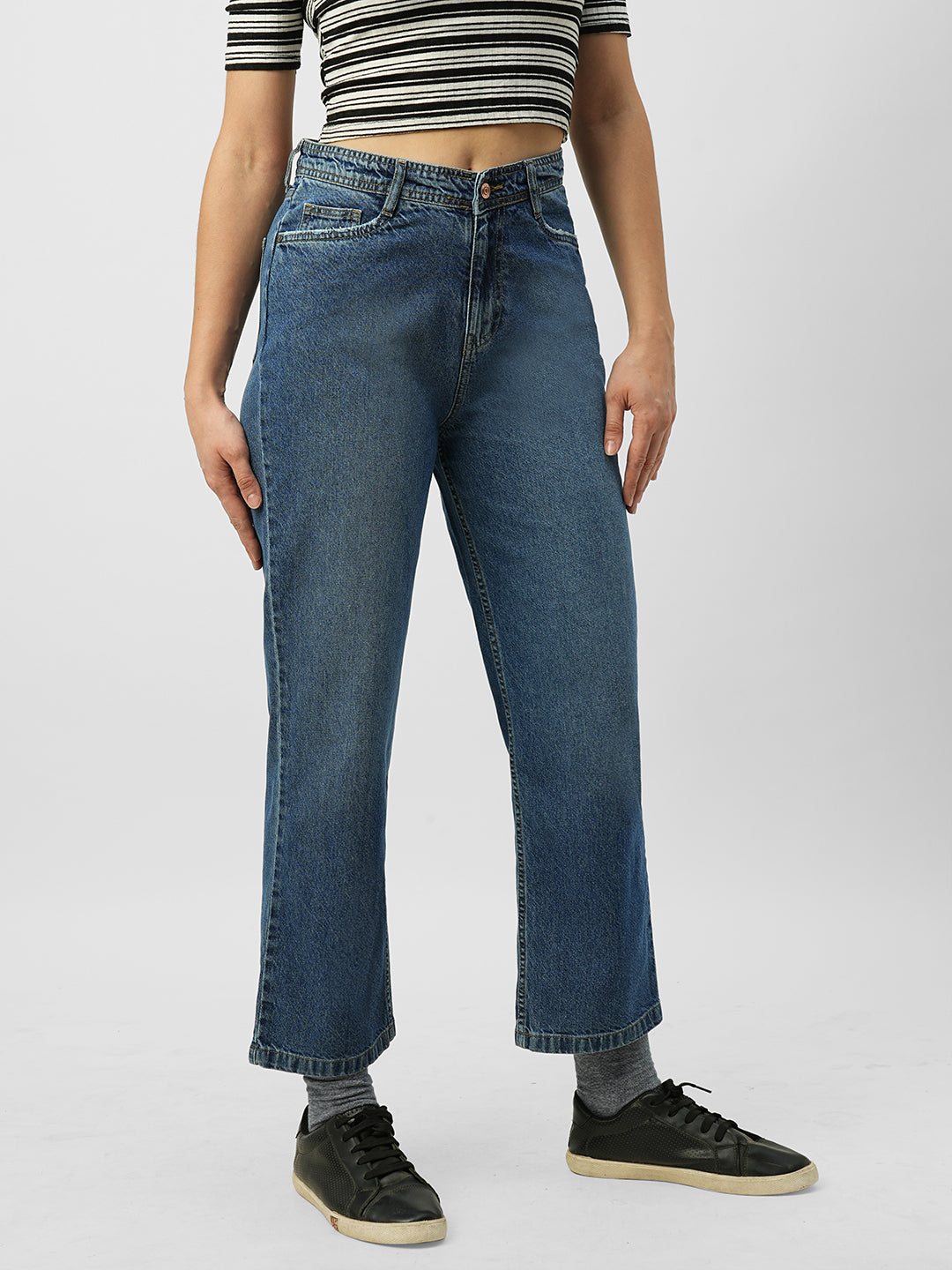 Women Dark Blue High-Rise Loose Straight Jeans