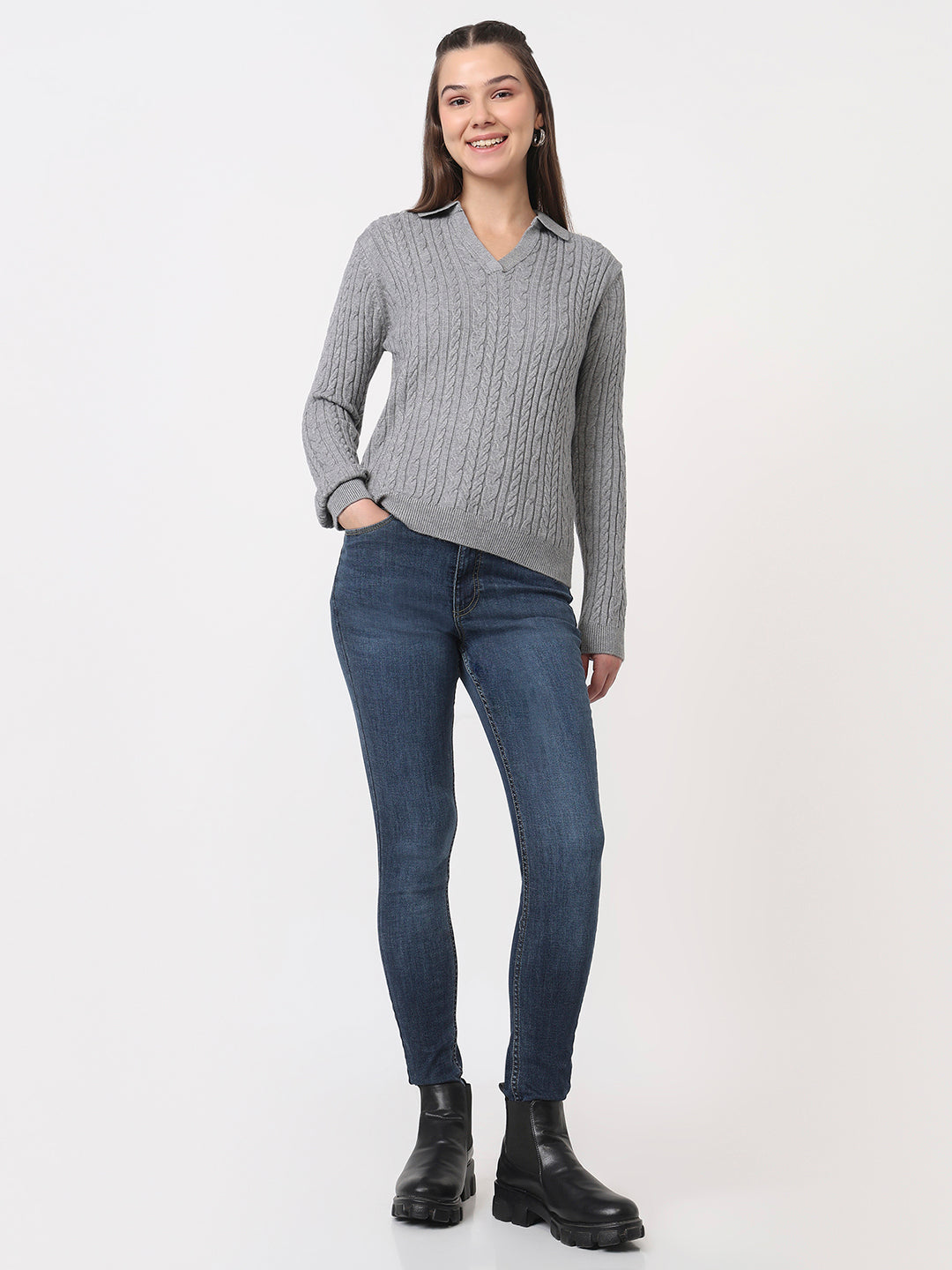 Women Grey Slim Fit Sweater