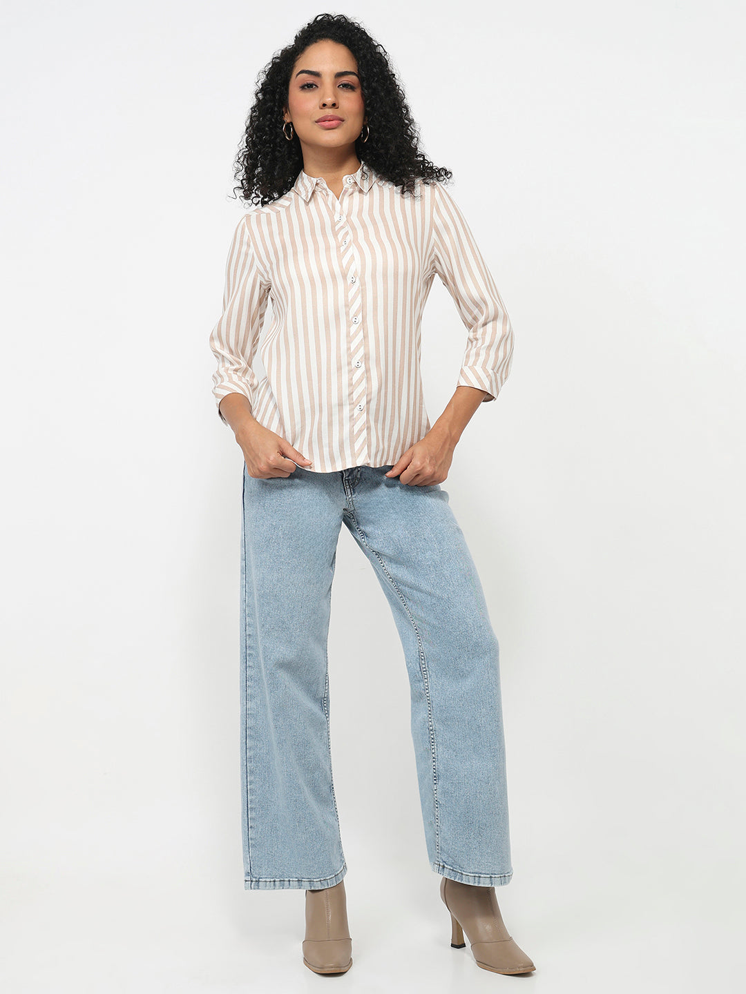 Women Beige/White Striped Shirt