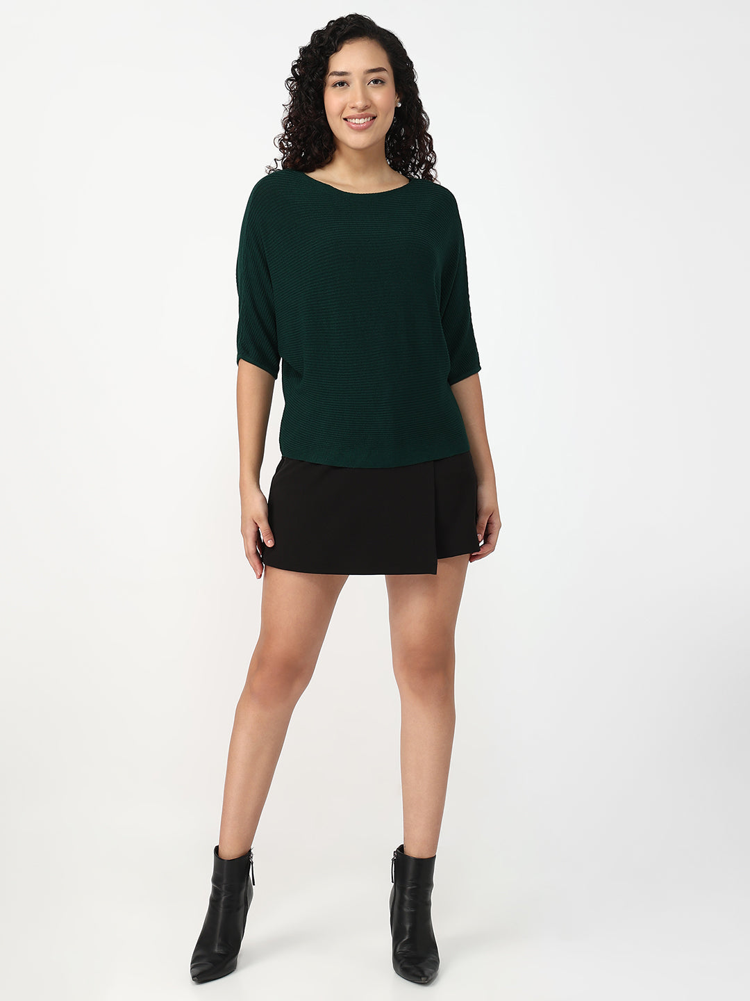 Women Bottle Green Slim Batsleeve Top