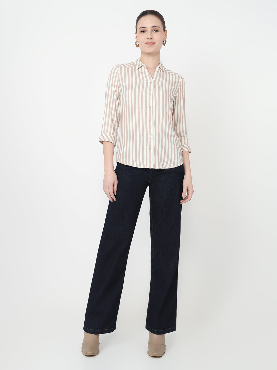 Women Brown/White Slim Fit Shirt