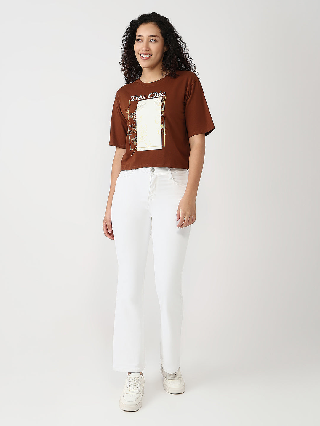 Women Sepia Slim Graphic Crop T-Shirt