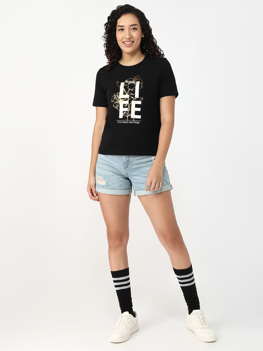 Women Black Slim Fit Graphic T-Shirt