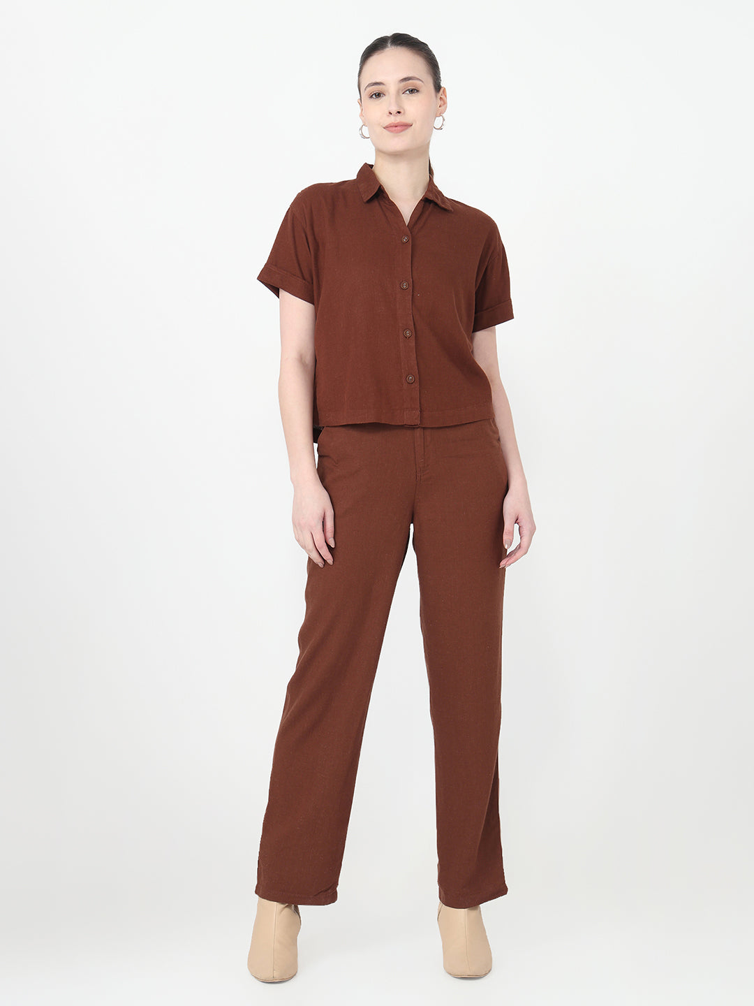 Women Sepia Slim Fit Crop Shirt