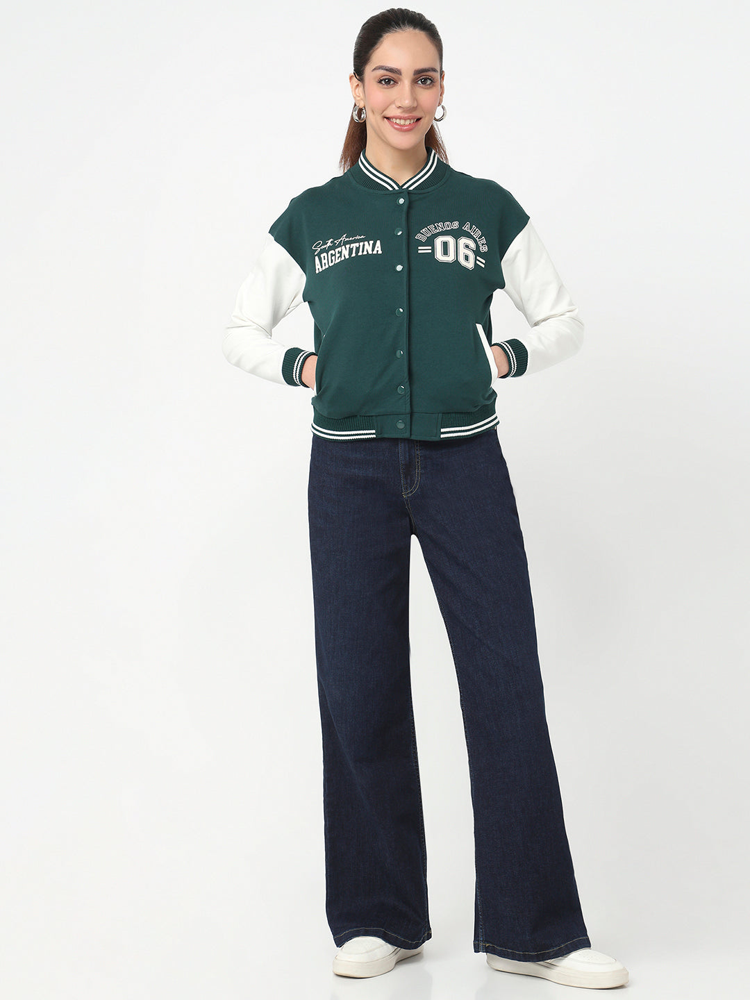 Women Bottle Green/Off White Varsity Jacket