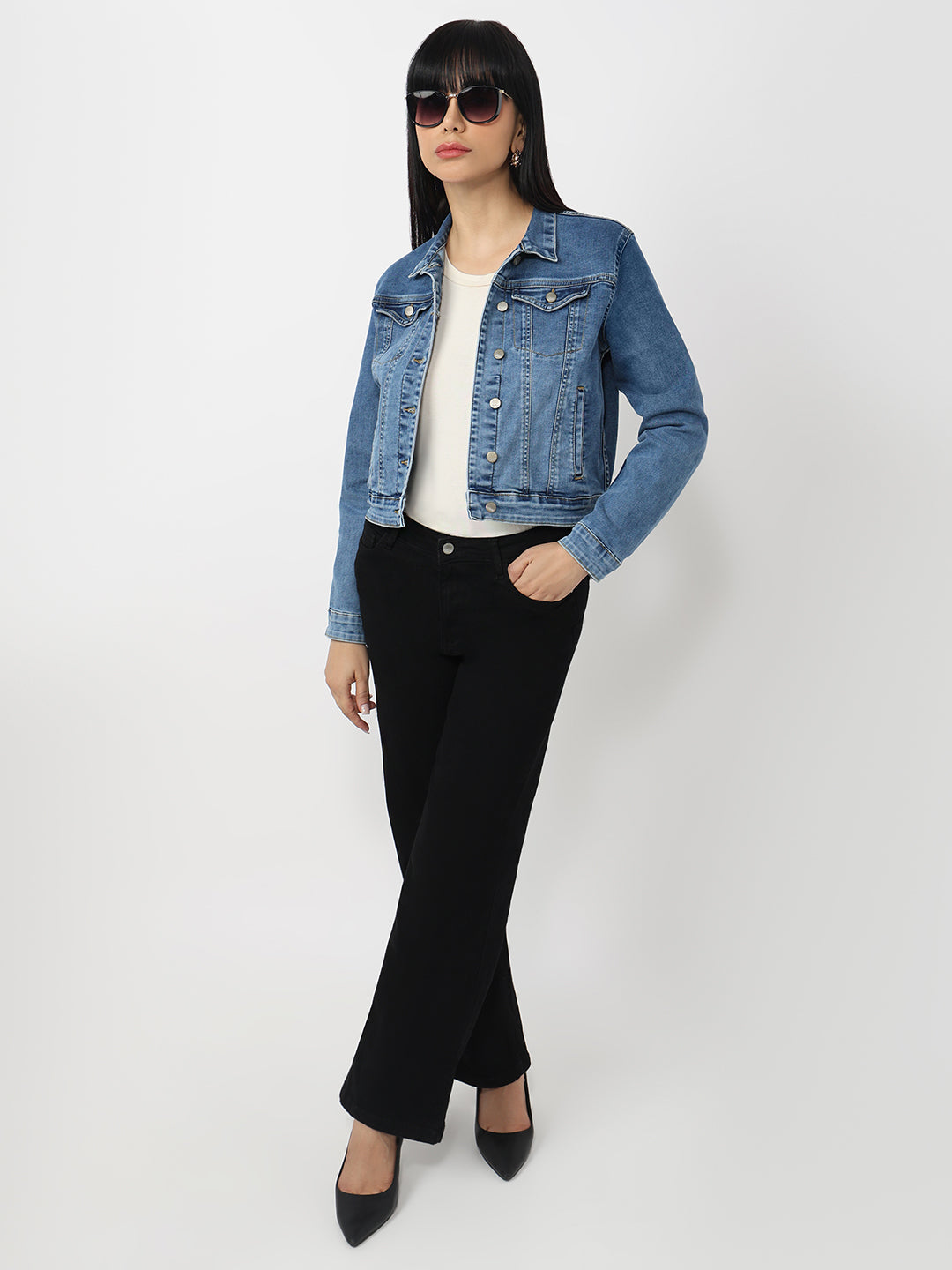 Women Blue Denim Slim Fit Jacket