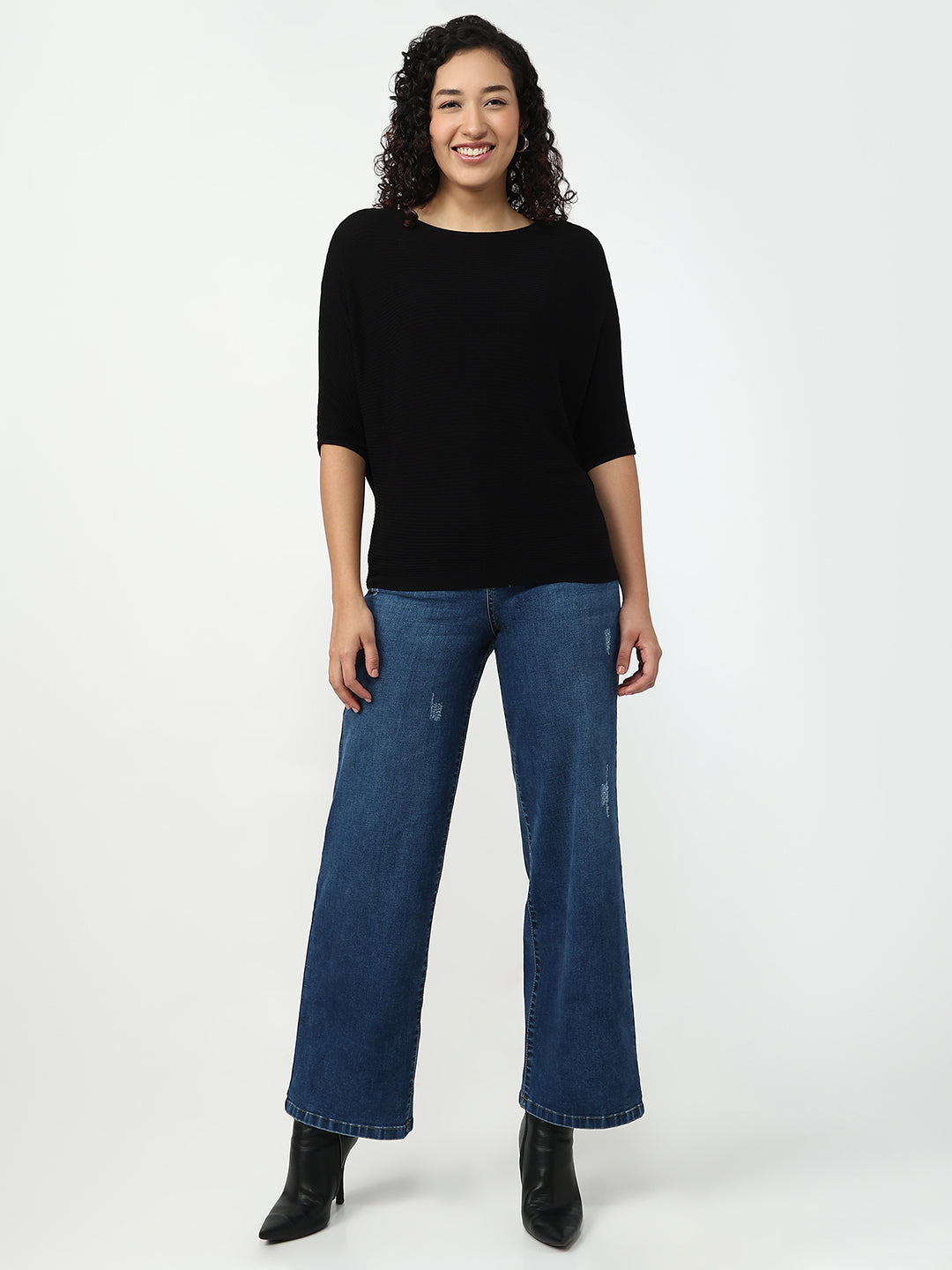 Women Black Slim Fit Batsleeve Top